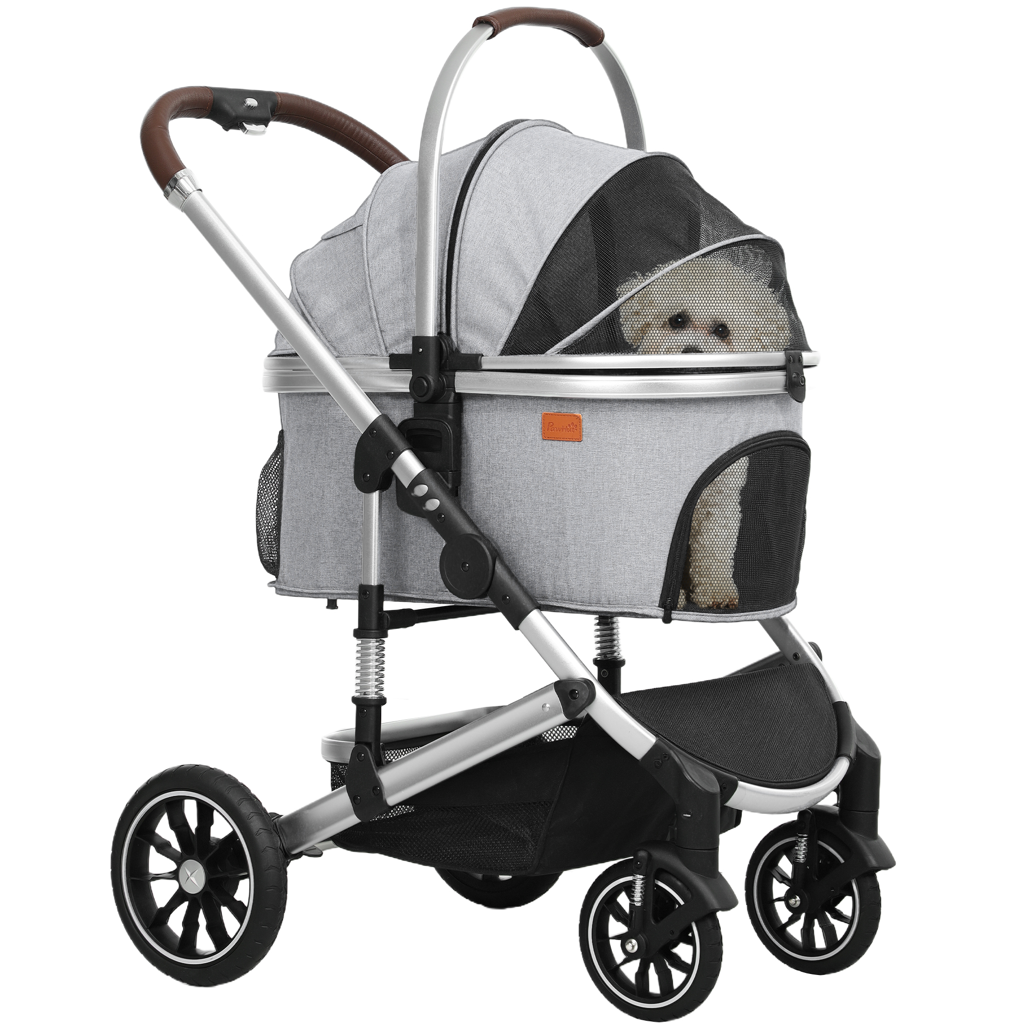 Image of PawHut Carrello per cani 3 in 1 Passeggino per Cani pieghevole per Gatti fino a 10 kg Carrello per Gatti con Cuscino Porta Bicchieri Grigio Chiaro Aosom Italy cod005