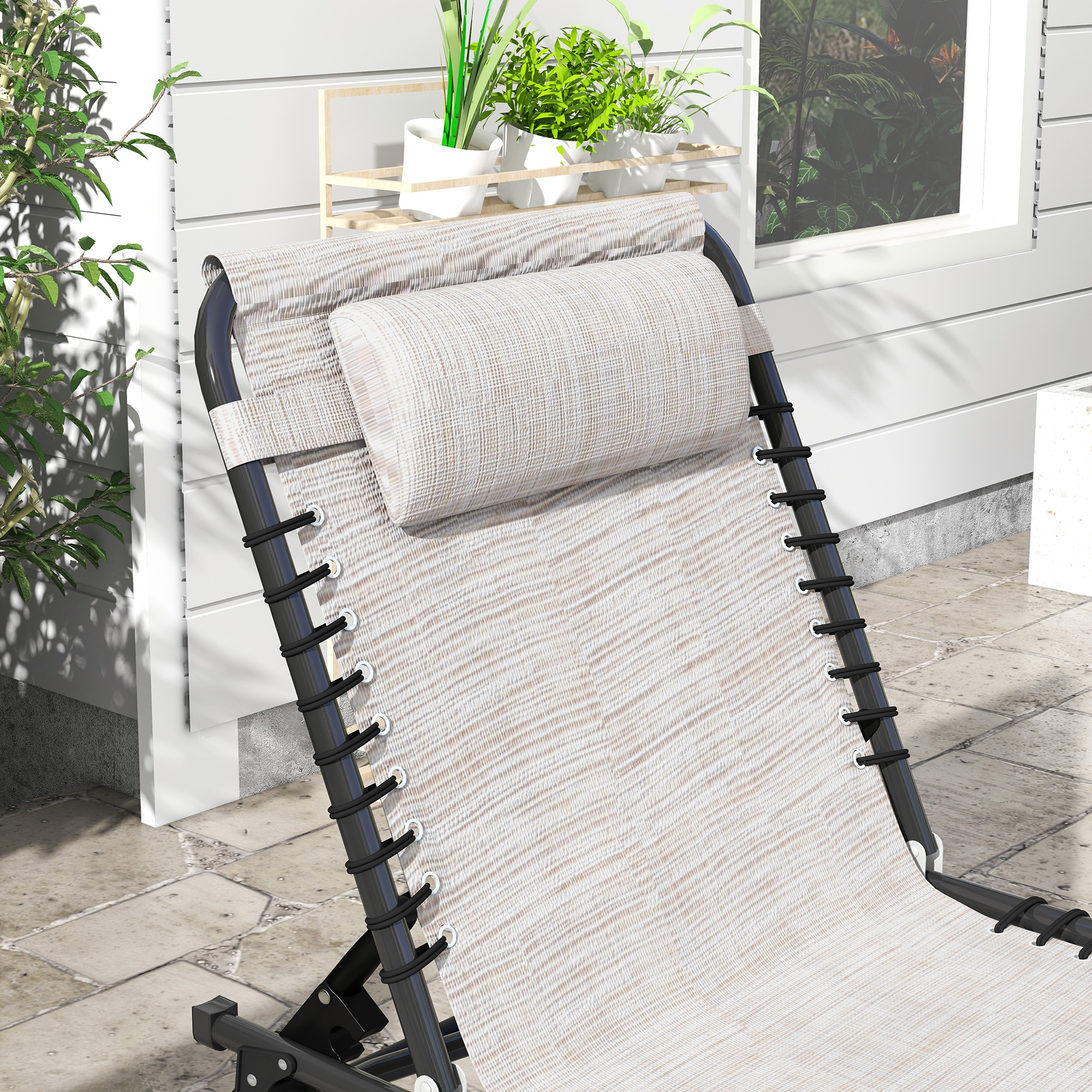 Outsunny Foldable Sun Lounger, Outdoor 4 Level Adjustable Backrest Reclining Chaise Chair, Steel Frame Recliner Chair for Camping, Hiking, Cream White 8
