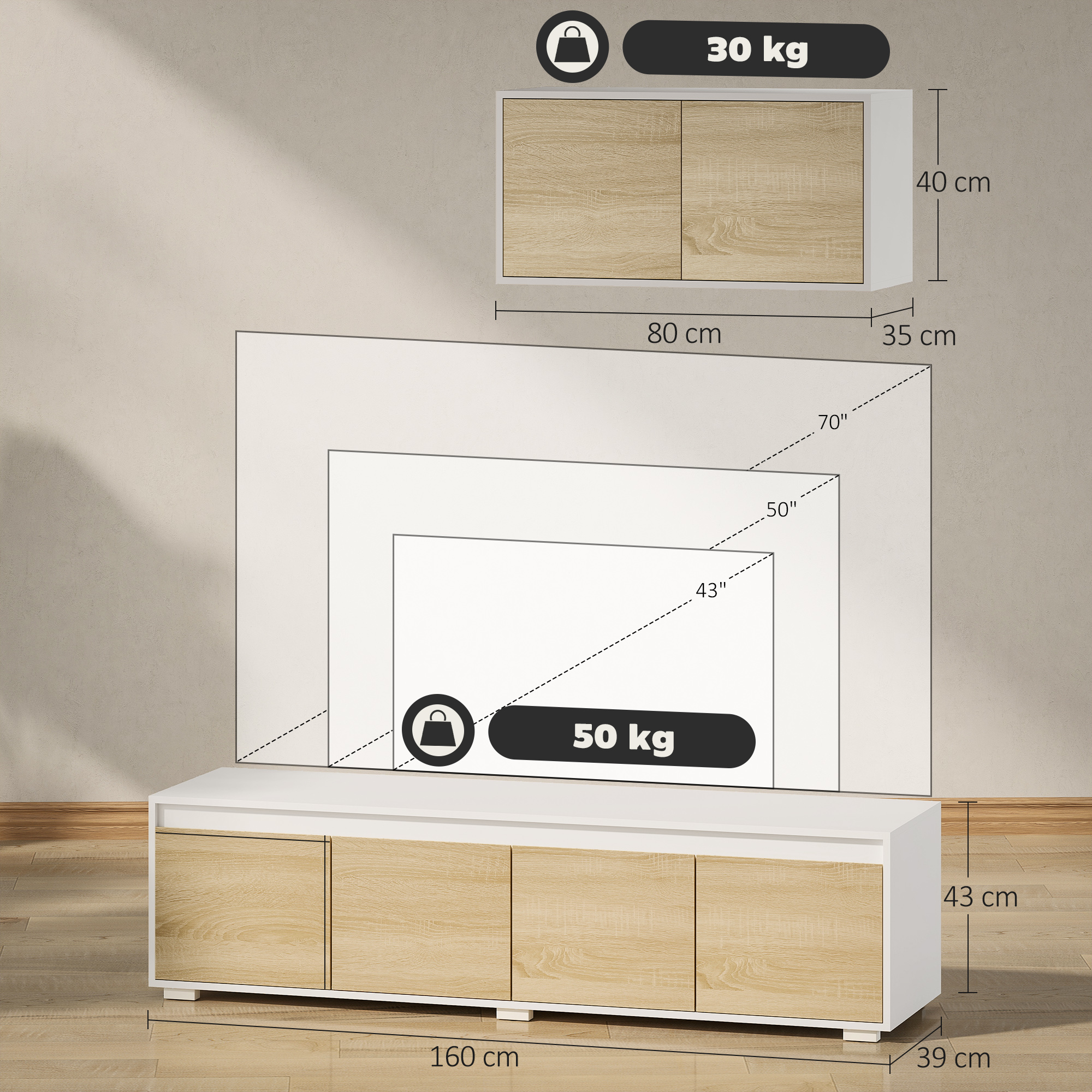 Set 2 Mobili Soggiorno HOMCOM: Mobile TV Per Max 70" E Mobile A Parete, Truciolato, Bianco/legno, 160x39x43 Cm - 2