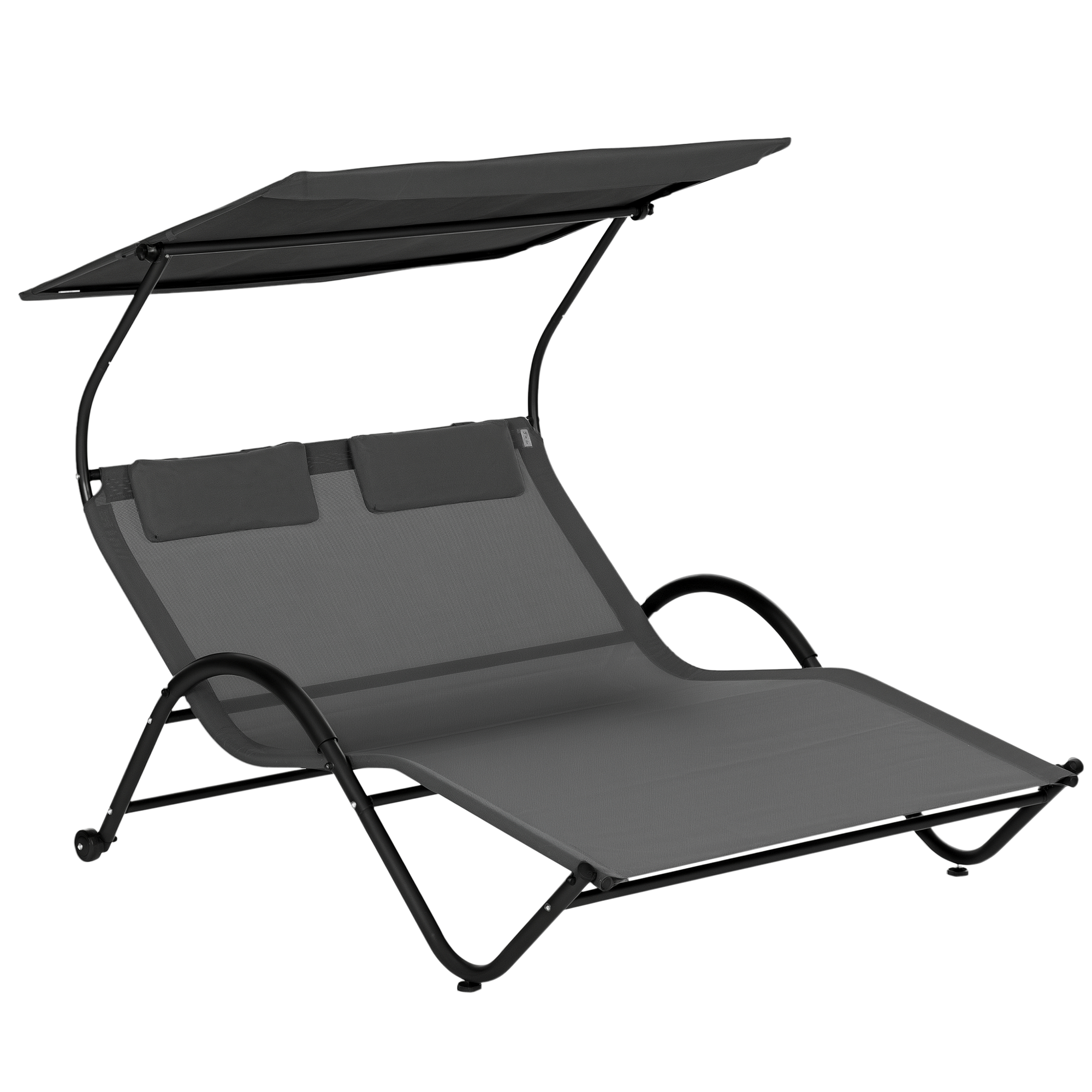 Outsunny Chaise longue bain de soleil transat avec auvent oreiller et roulettes en acier et polyester gris foncé Aosom France