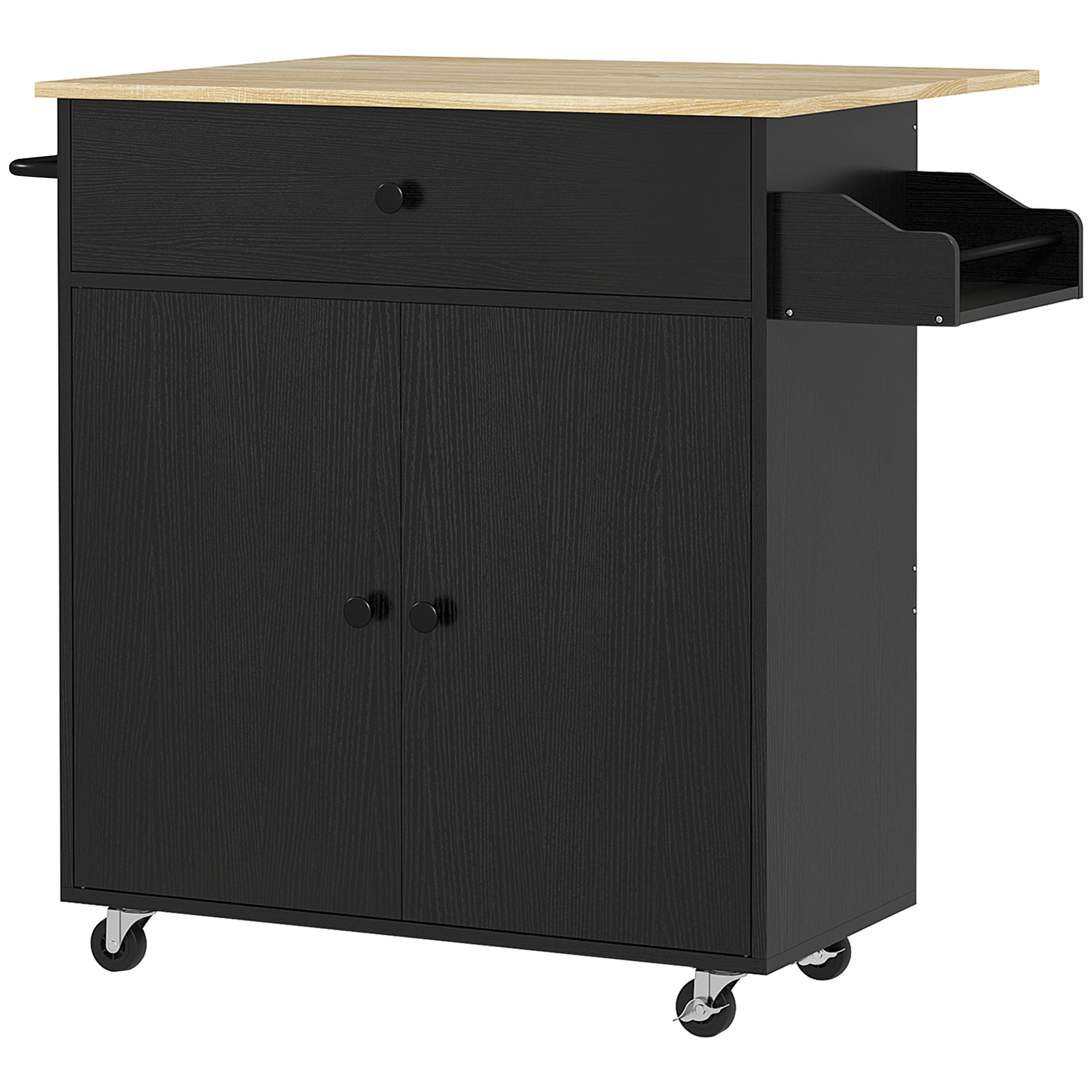 HOMCOM Isla de Cocina con Ala Abatible 2 Puertas Cajón Especiero Toallero y Estante Ajustable 106x42x87 cm Negro y Roble