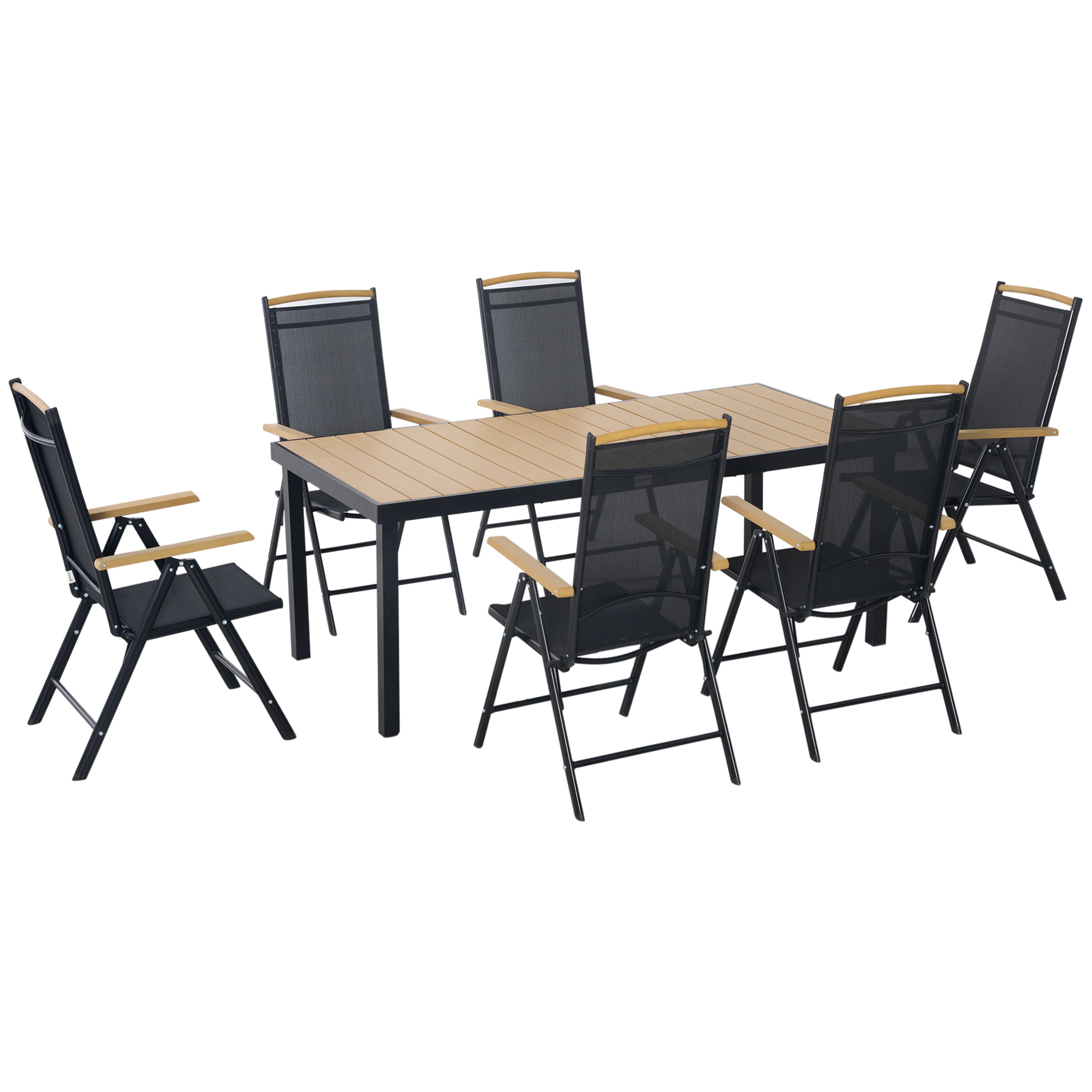 Outsunny Salon de jardin extérieur 6 personnes, cadre en aluminium, table 190 cm, 6 chaises pliables et inclinables, noir Outsunny Salon de jardin extérieur 6 personnes, cadre en aluminium, table 190 cm, 6 chaises pliables et inclinables, noir