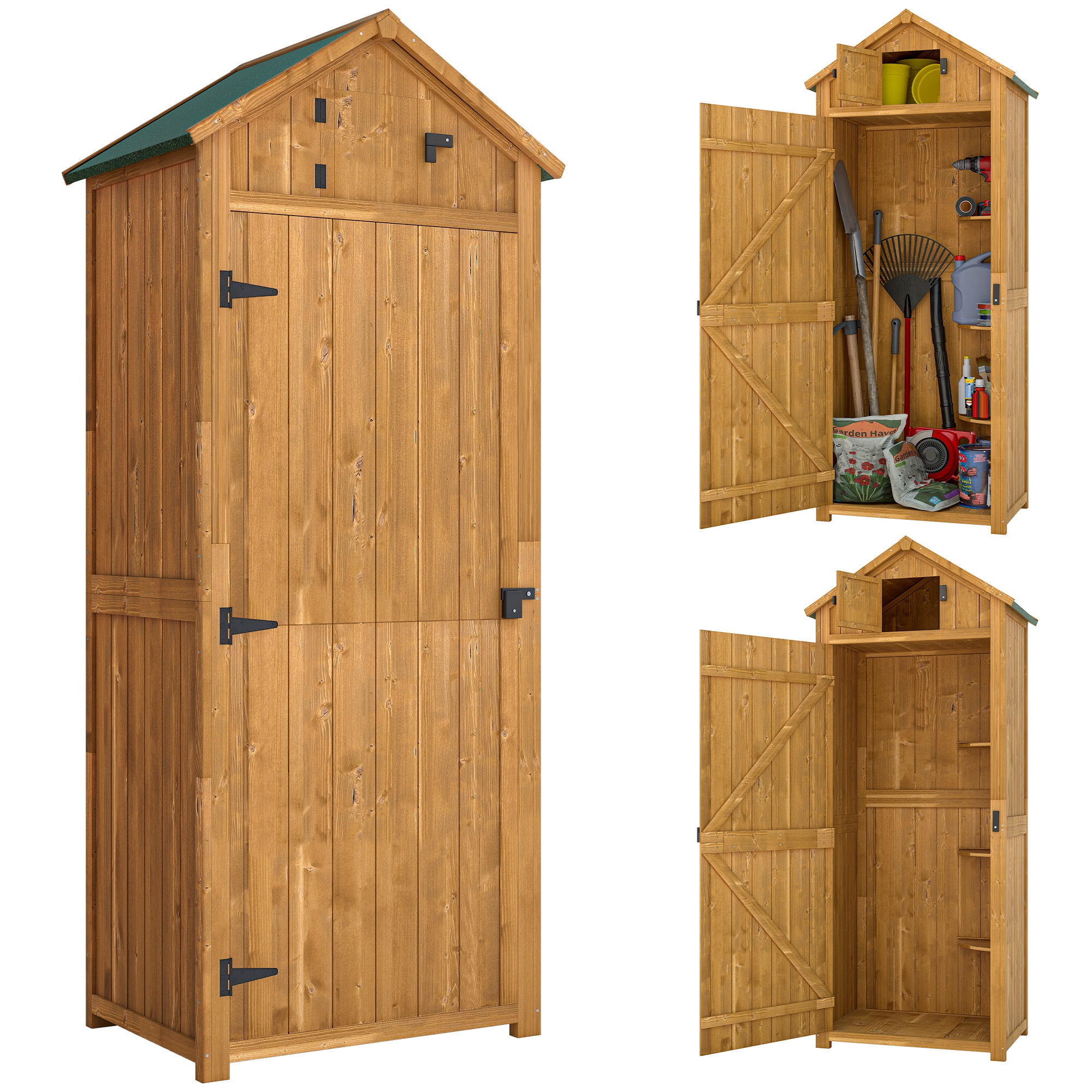 Outsunny Garden Shed Vertical Utility 3 Shelves Shed Wood Outdoor Garden Tool Storage Unit Storage Cabinet, 77 x 54.2 x 179cm - Brown