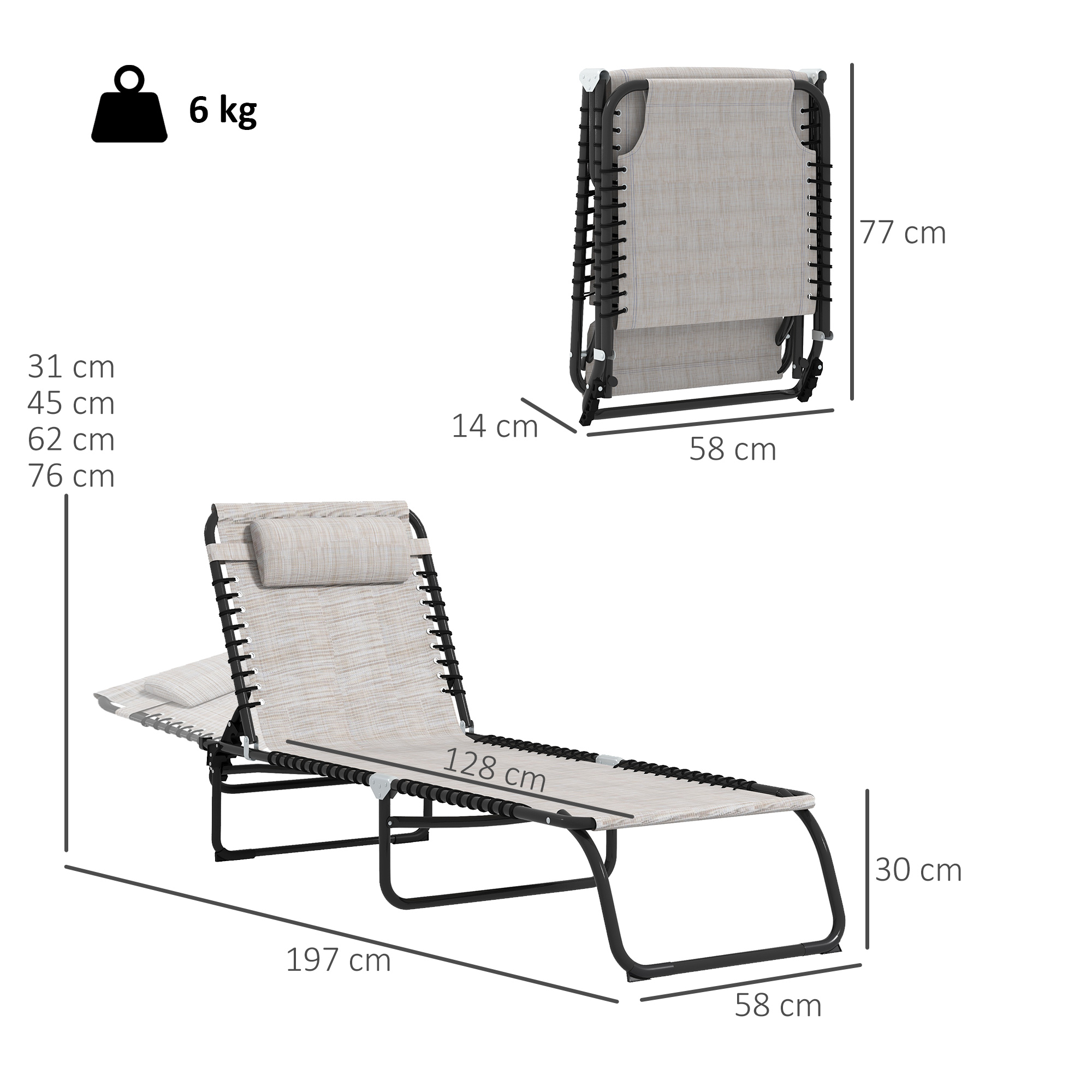 Outsunny Foldable Sun Lounger, Outdoor 4 Level Adjustable Backrest Reclining Chaise Chair, Steel Frame Recliner Chair for Camping, Hiking, Cream White 3