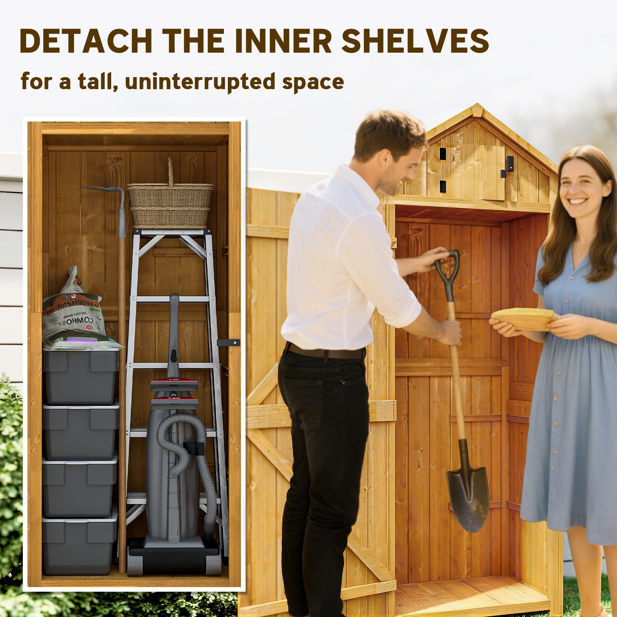 Outsunny Garden Shed Wood Outdoor Garden Tool Storage Unit with 3 Detachable Shelves, 77 x 54.2 x 179cm,  Brown 5