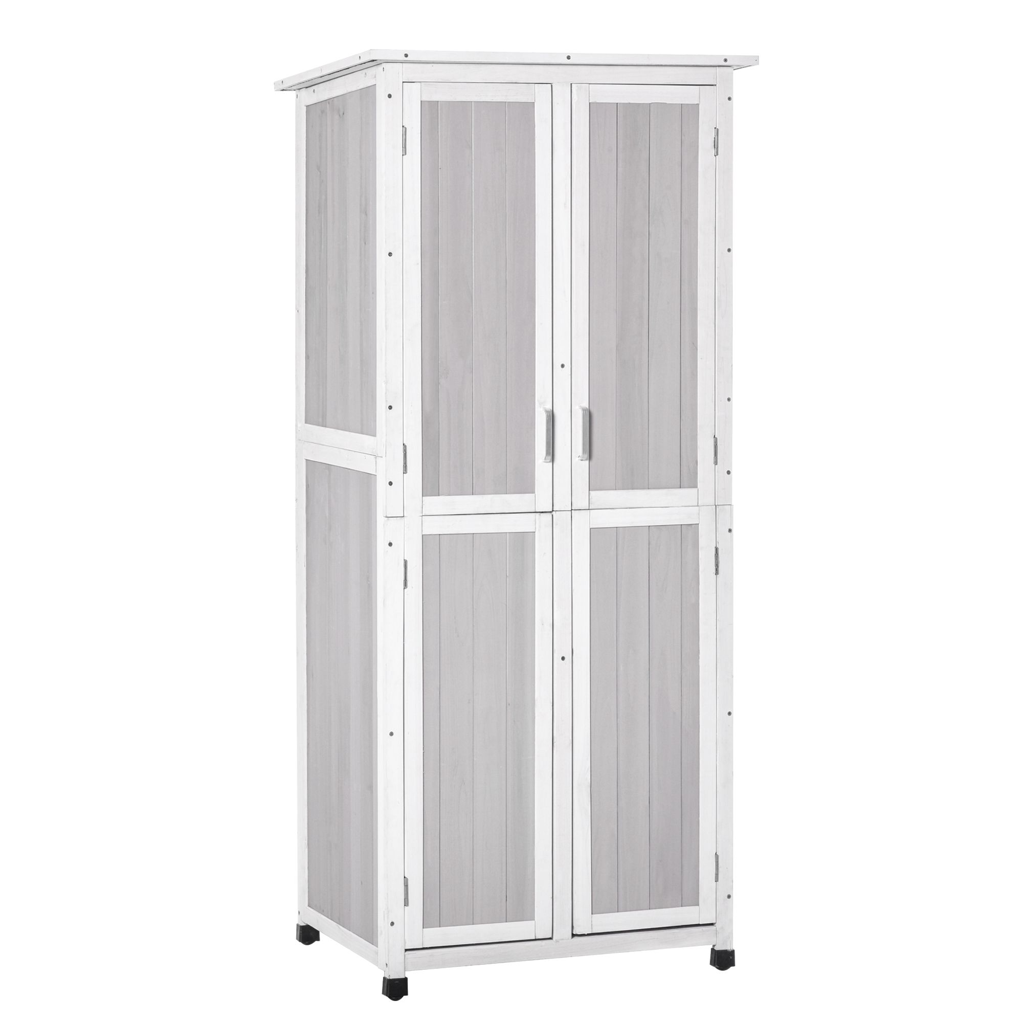 Outsunny Magazie Unelte Lemn Brad 3 Niveluri Acoperiș Bitum Impermeabil Cu Cârlige 77x58x175cm Gri | Aosom Romania