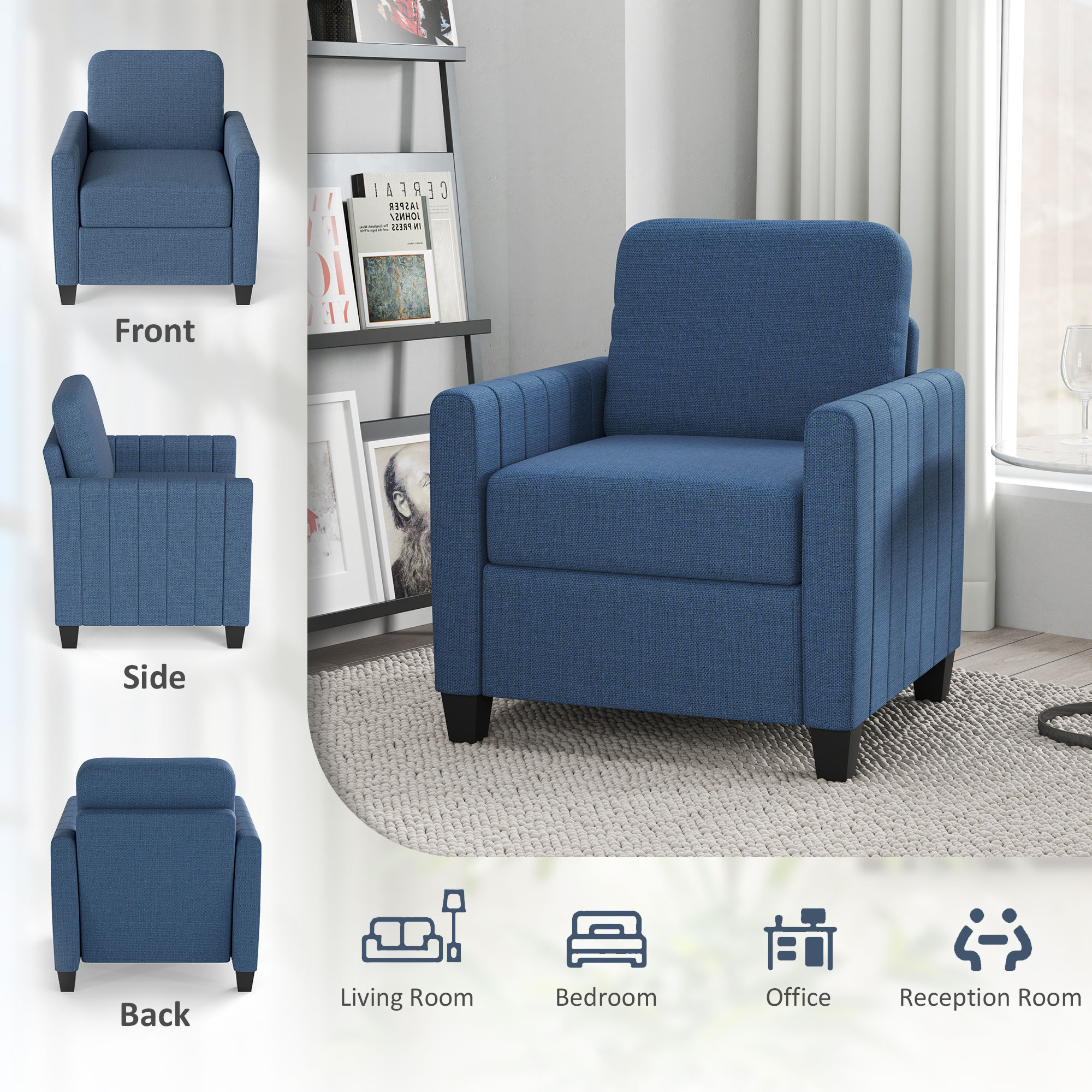 HOMCOM Modern Boxy Linen-Look Armchair Blue 5