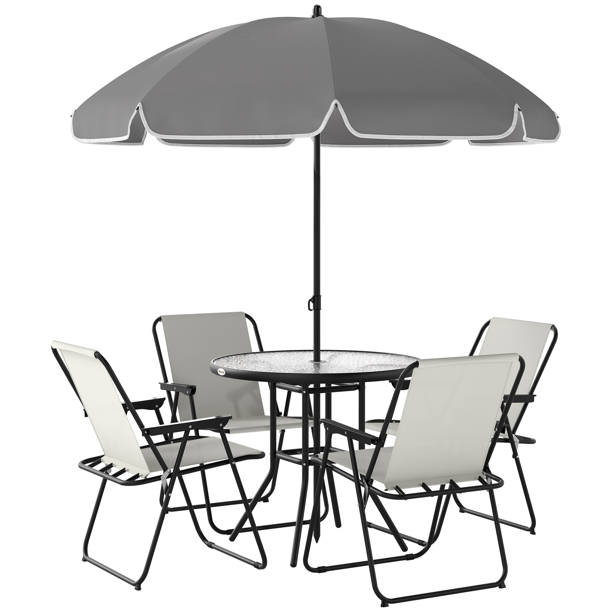 Outsunny 4 Seater Garden Furniture Set, 6 Pieces Garden Table and Chairs with Parasol, Outdoor Garden Dining Set with Folding Chairs and Round Glass Top Table for Patio, Cream White