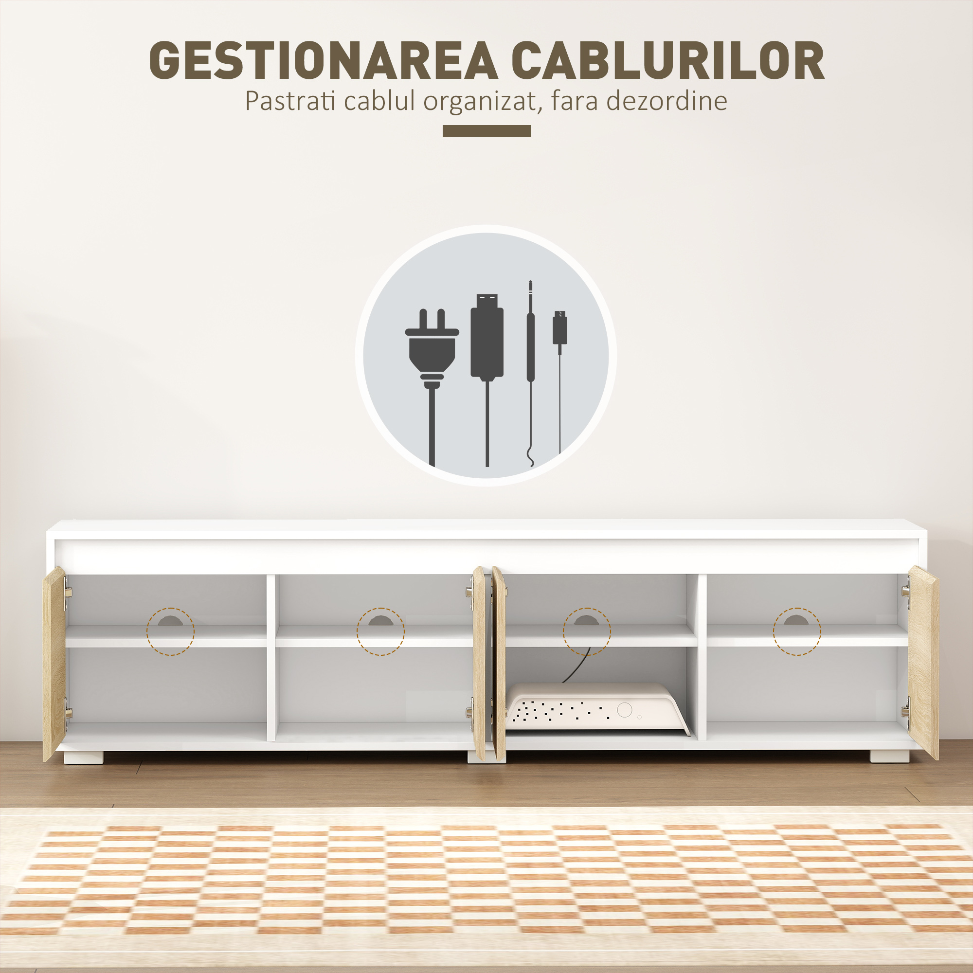  Set de 2 Piese pentru Televizor cu Dulap de Perete, Unitate de Divertisment Independenta pentru Televizoare de 70 de inci, cu Rafturi Reglabile si Gauri pentru Cabluri, Natur [5]