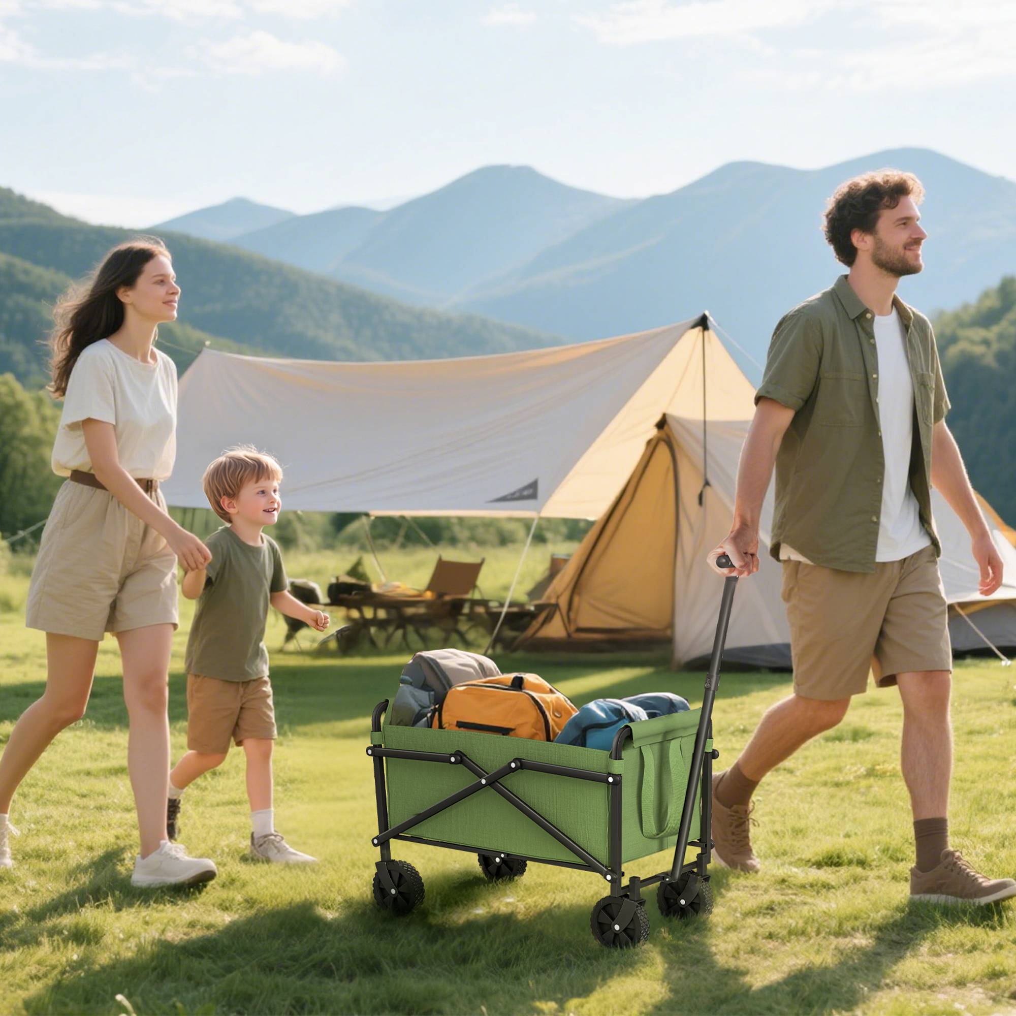 Outsunny 41L Festival Trolley on Wheels, Small Garden Folding Trolley Cart, 60kg Heavy Duty Collapsible Folding Wagon with Adjustable Handle and Carrying Bag for Beach, Camping, Festival, Green