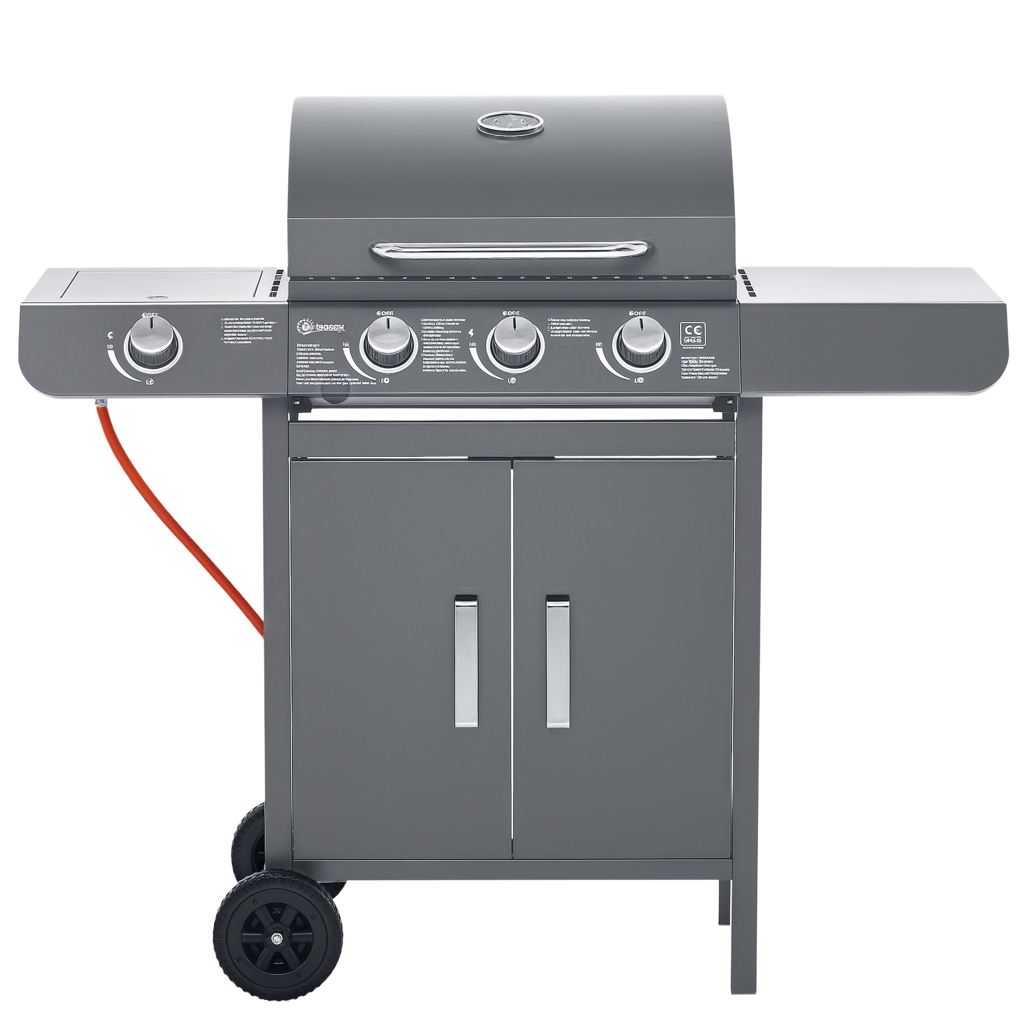 Outsunny 3+1 Burner Gas BBQ Grill, Outdoor Barbecue Trolley with Wheels, Warming Rack, Side Shelves, Cabinet, Thermometer for Garden, Party, Camping, 110L x 50W x 100Hcm, Grey