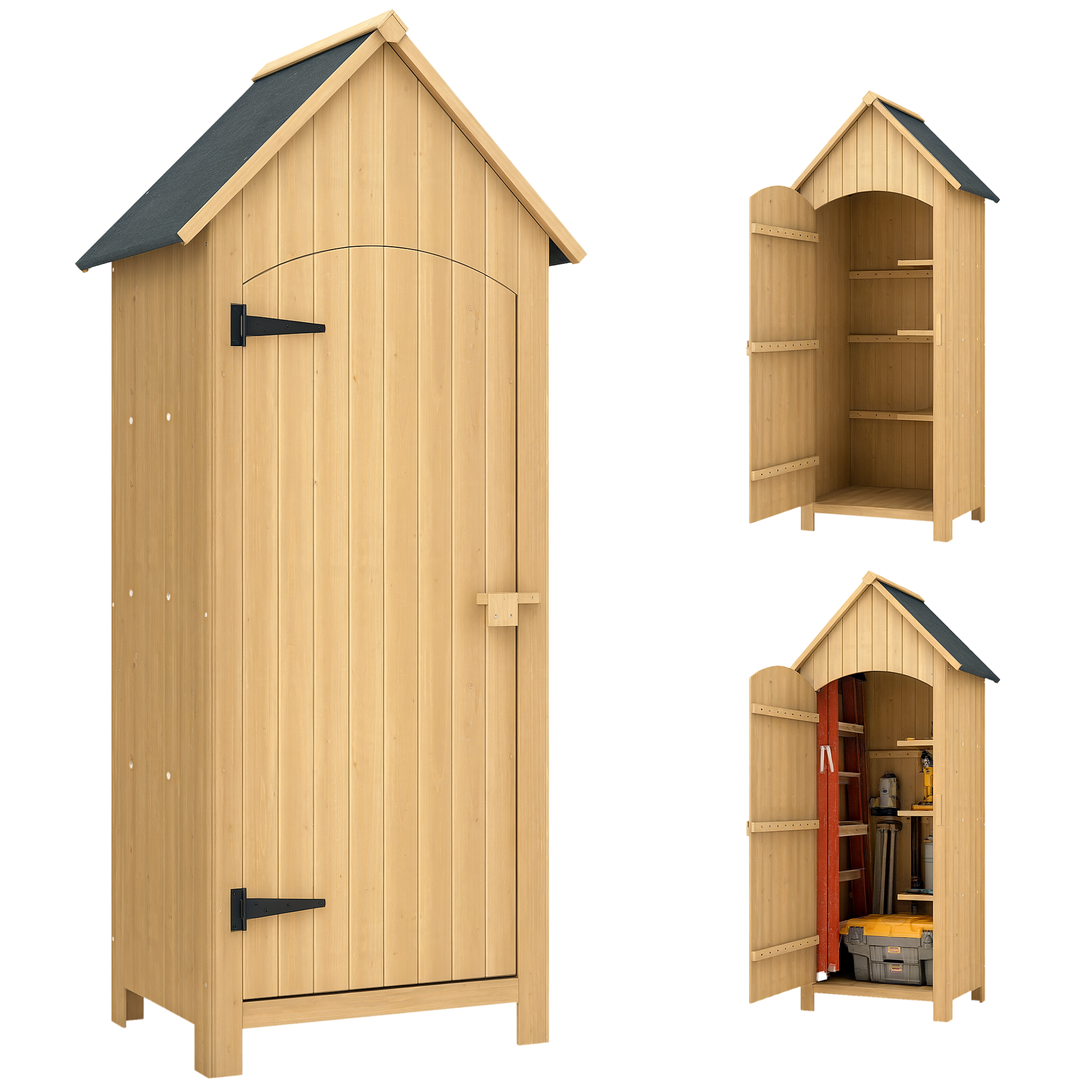 Outsunny Abri de Jardin en Bois Sapin pré-huilé - Remise à Outils avec 3 Étagères, Porte Loquet, Toit Pente en Bitumé dim. 77x54x179 cm Aosom France