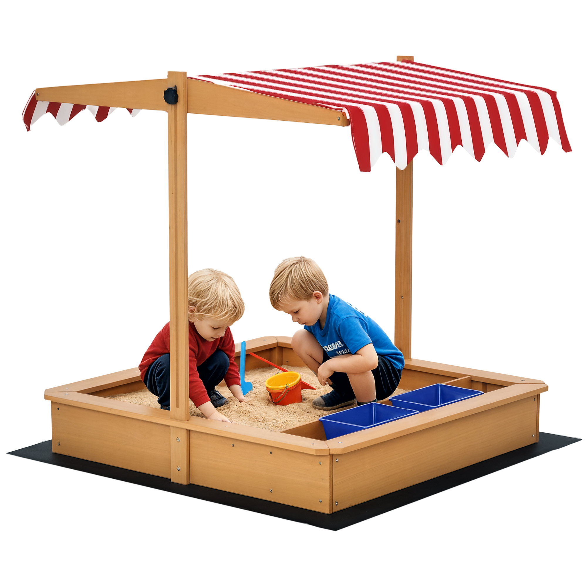 Image of Outsunny Sabbiera per Bambini in Legno con Tettuccio Regolabile in Altezza, Gioco da Giardino con Sedute sui Bordi e Vaschette, 107.5x107.5x110cm006