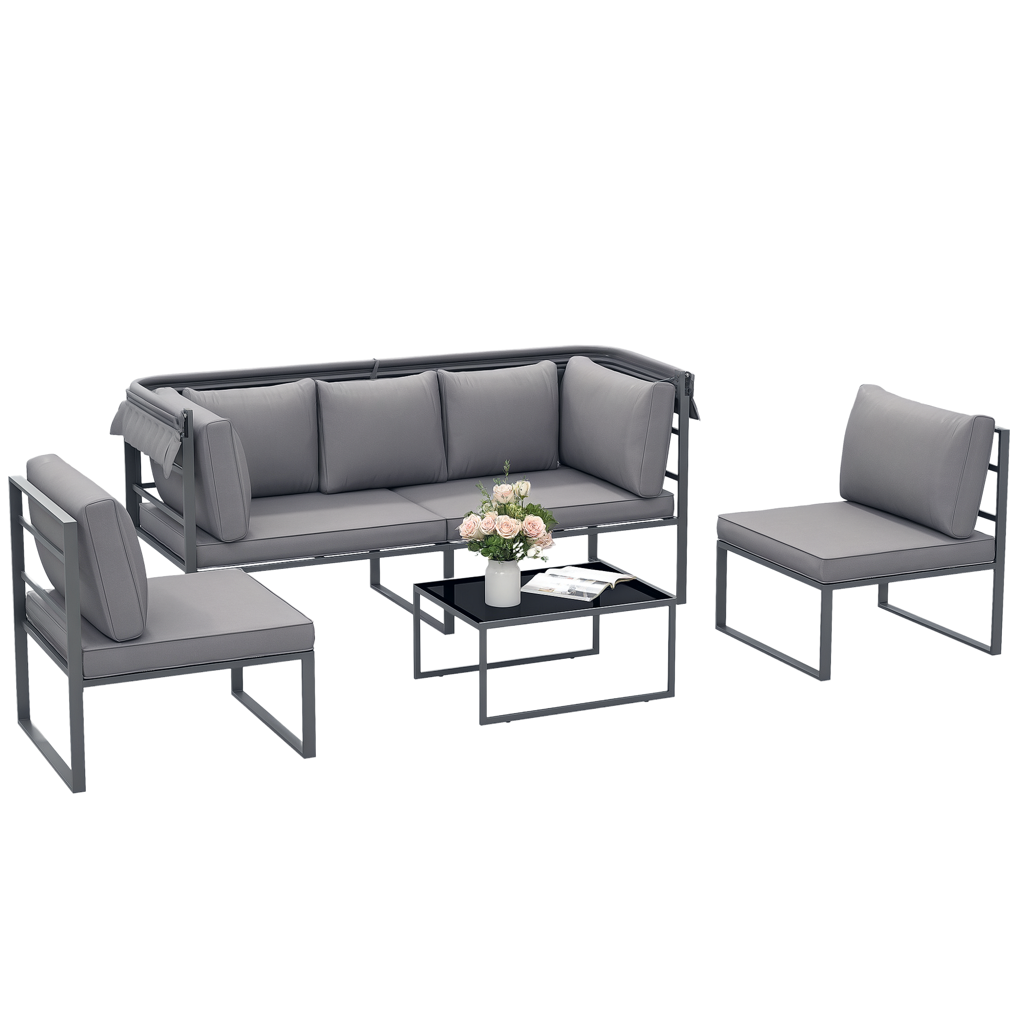 Outsunny Salon de jardin extérieur 4 pièces modulaire avec canapé, fauteuil et table basse en verre trempé, coussins inclus, gris