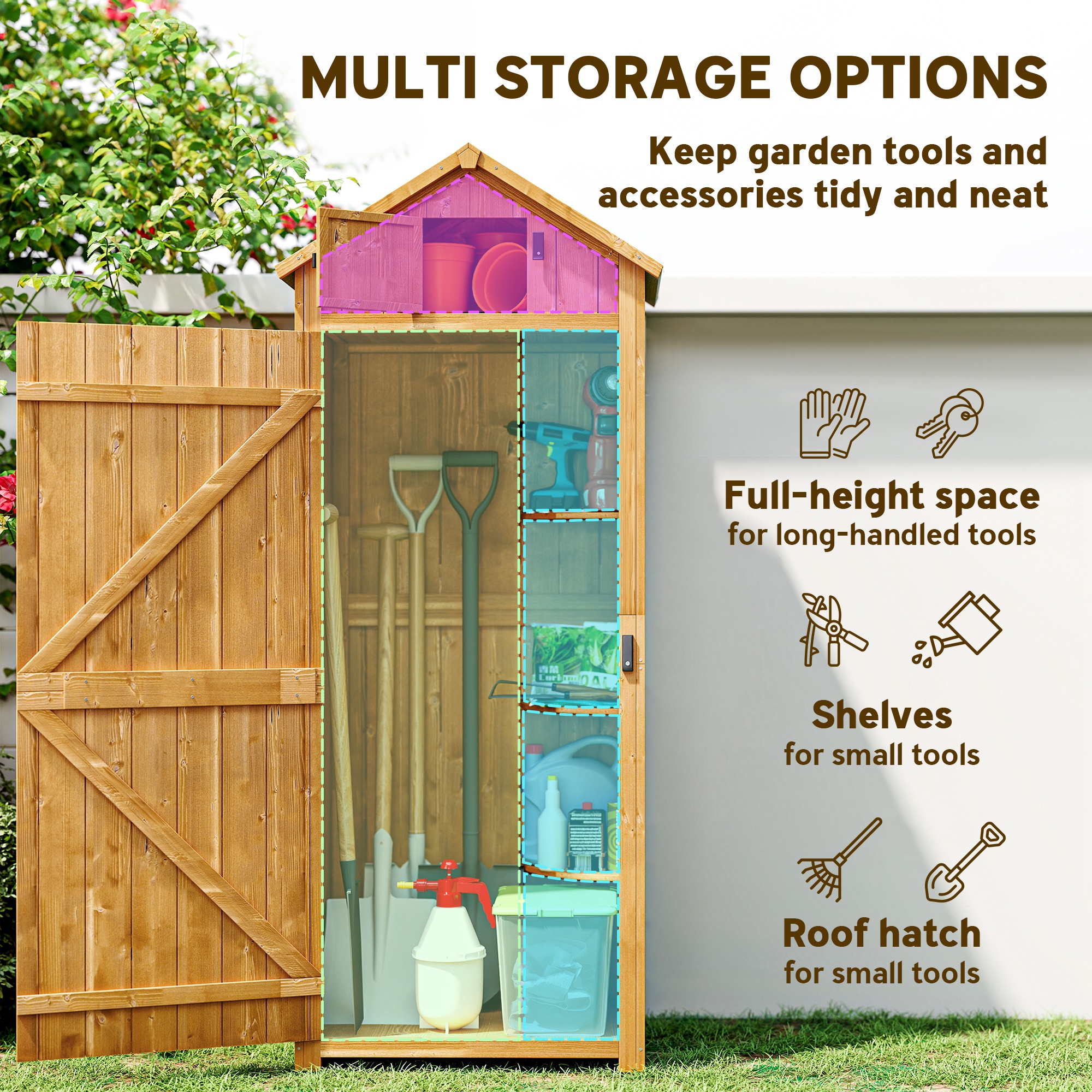 Outsunny Garden Shed Wood Outdoor Garden Tool Storage Unit with 3 Detachable Shelves, 77 x 54.2 x 179cm,  Brown 4