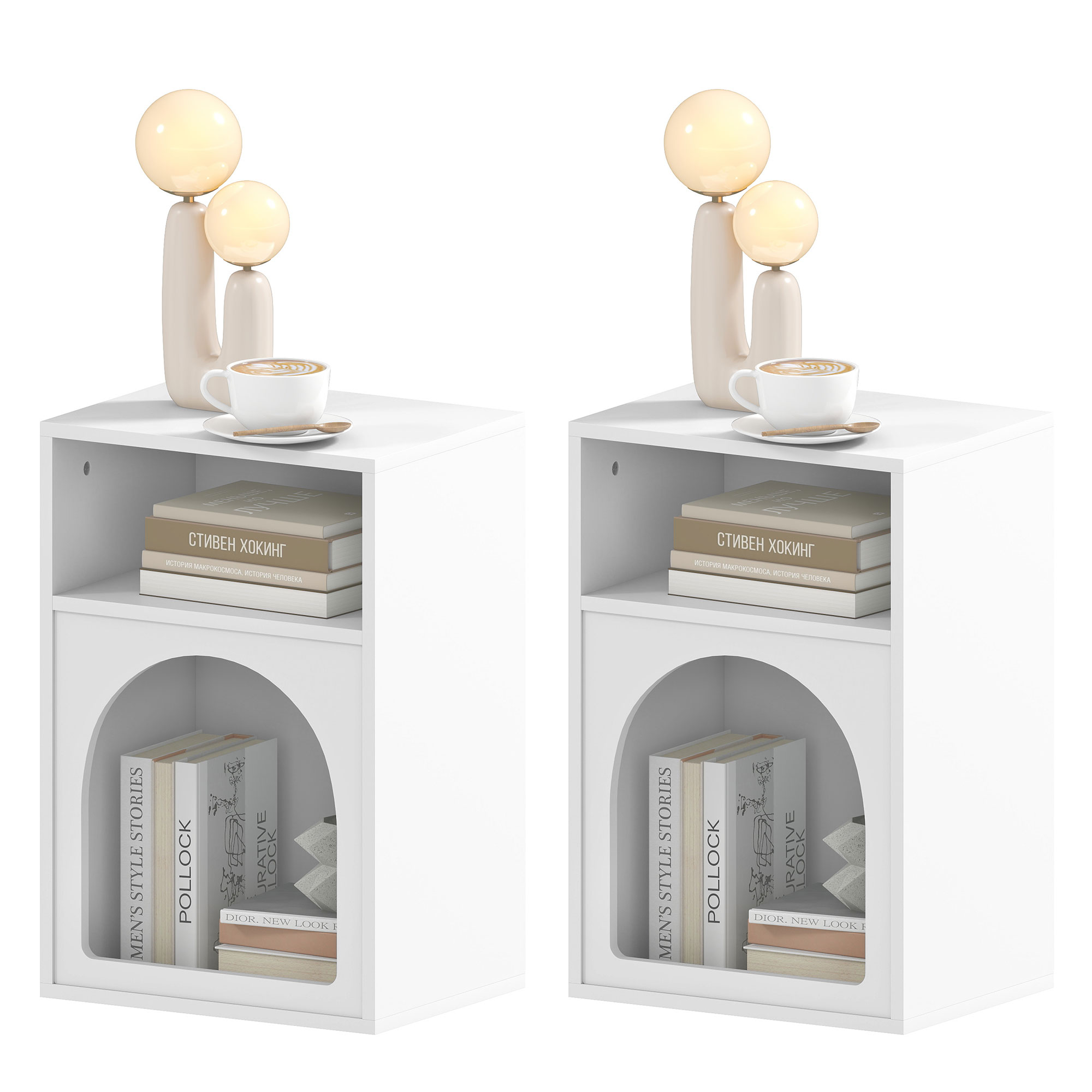 HOMCOM Lot de 2 tables de chevet, table de nuit avec compartiments ouverts, design arqué, 40 x 30 x 60 cm, blanc