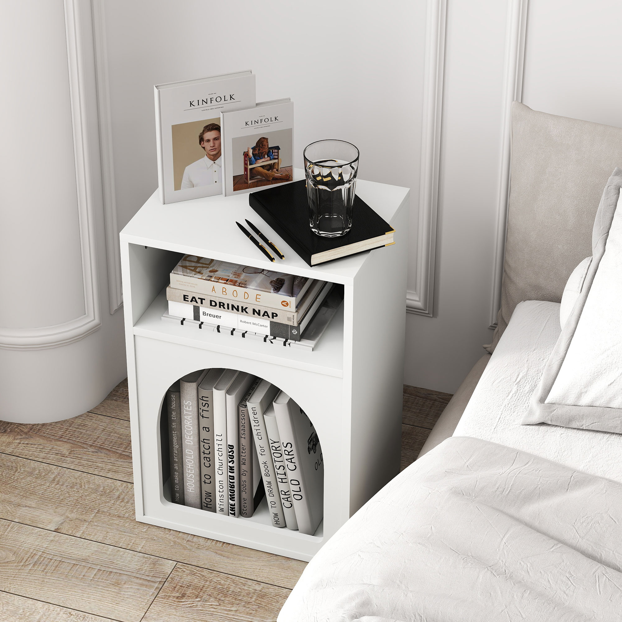 Table De Chevet étroite Design Arc - 40x30x60 Cm, MDF Crème, 2 étagères Ouvertes, Charge 35 Kg