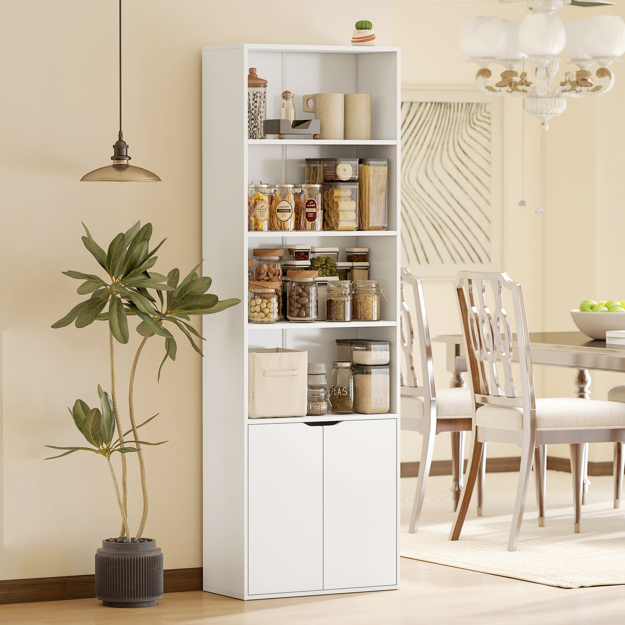 HOMCOM 6-Tier Tall Bookcase, Bookshelf with 4 Open Shelves and Double Door Storage Cabinet, Freestanding Display Rack for Living Room, Bedroom, Home Office, Study, 59 x 29 x 180cm, White 8