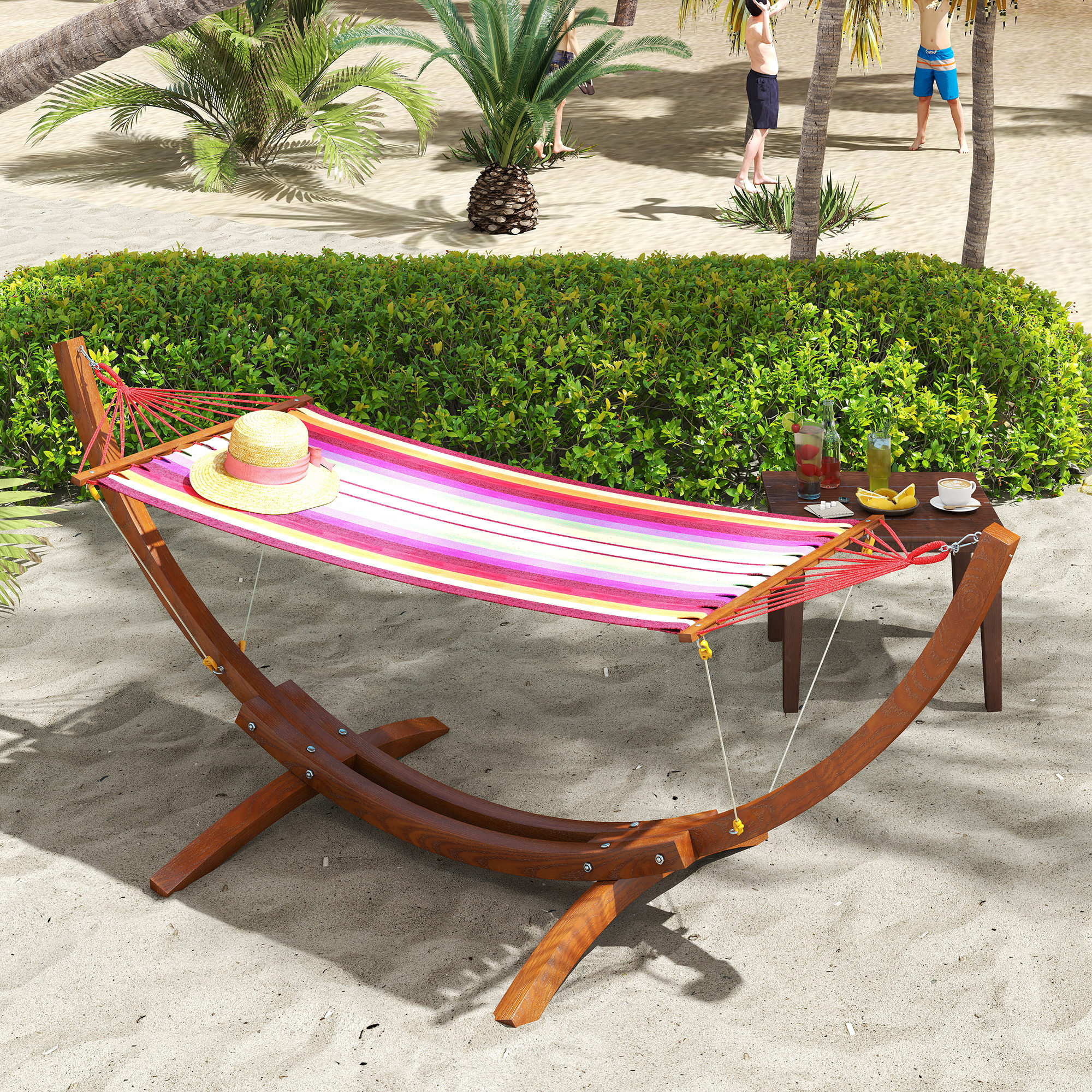 Outsunny Outdoor Hammock with Stand, Free Standing Hammock with Arc Wooden Frame and 200 x 100cm Fabric, Garden Swing Hanging Bed with Safe Ropes, Multicolour 2
