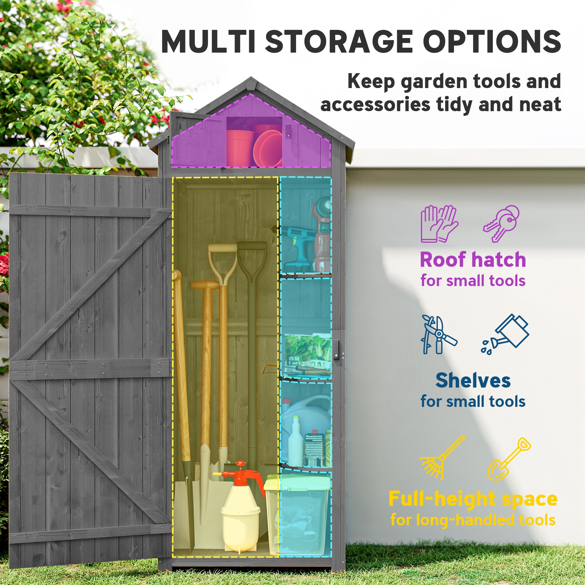 Outsunny Wooden Garden Shed, Utility Outdoor Small Shed with Lockable Double Doors, Shelves and Roof Hatch, Grey 4