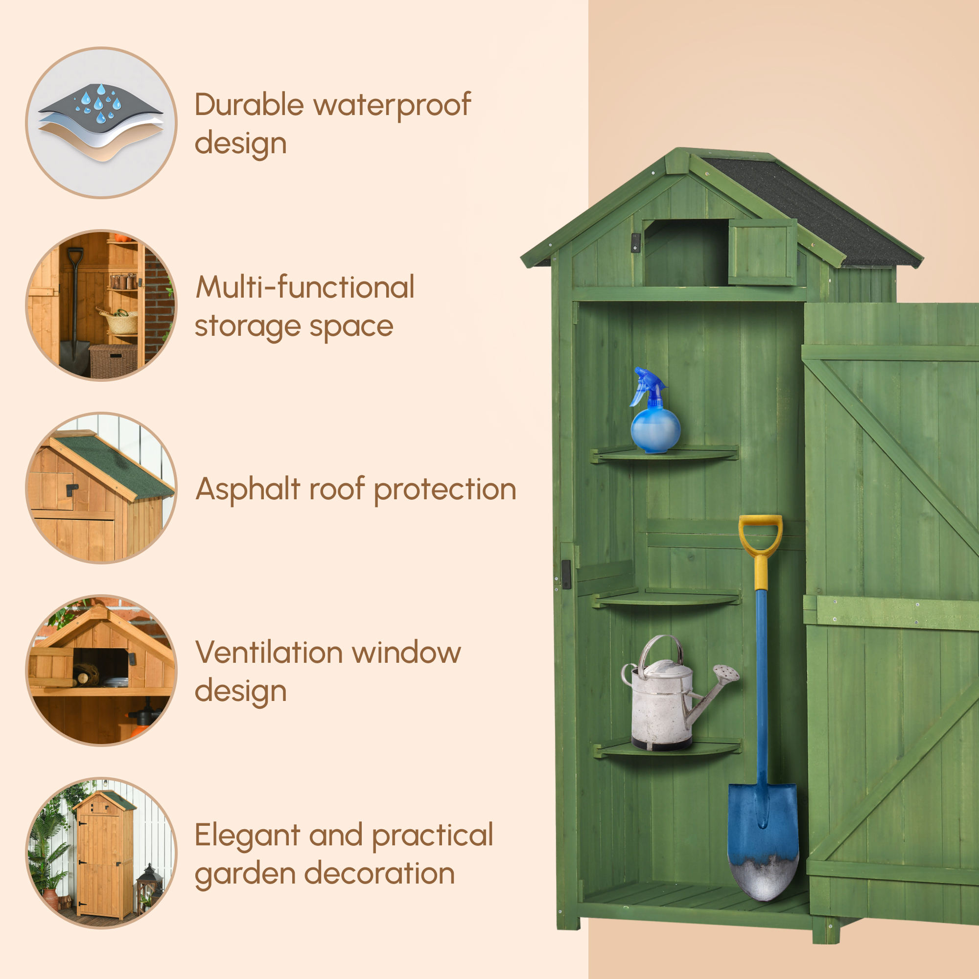 Outsunny Small Shed, Tall Slim Wooden Garden Shed with 3 Removable Shelves and Roof Hatch, Compact Outdoor Tool Storage Cabinet with Asphalt Roof and Door Latch, 77 x 54.2 x 179 cm, Green 6