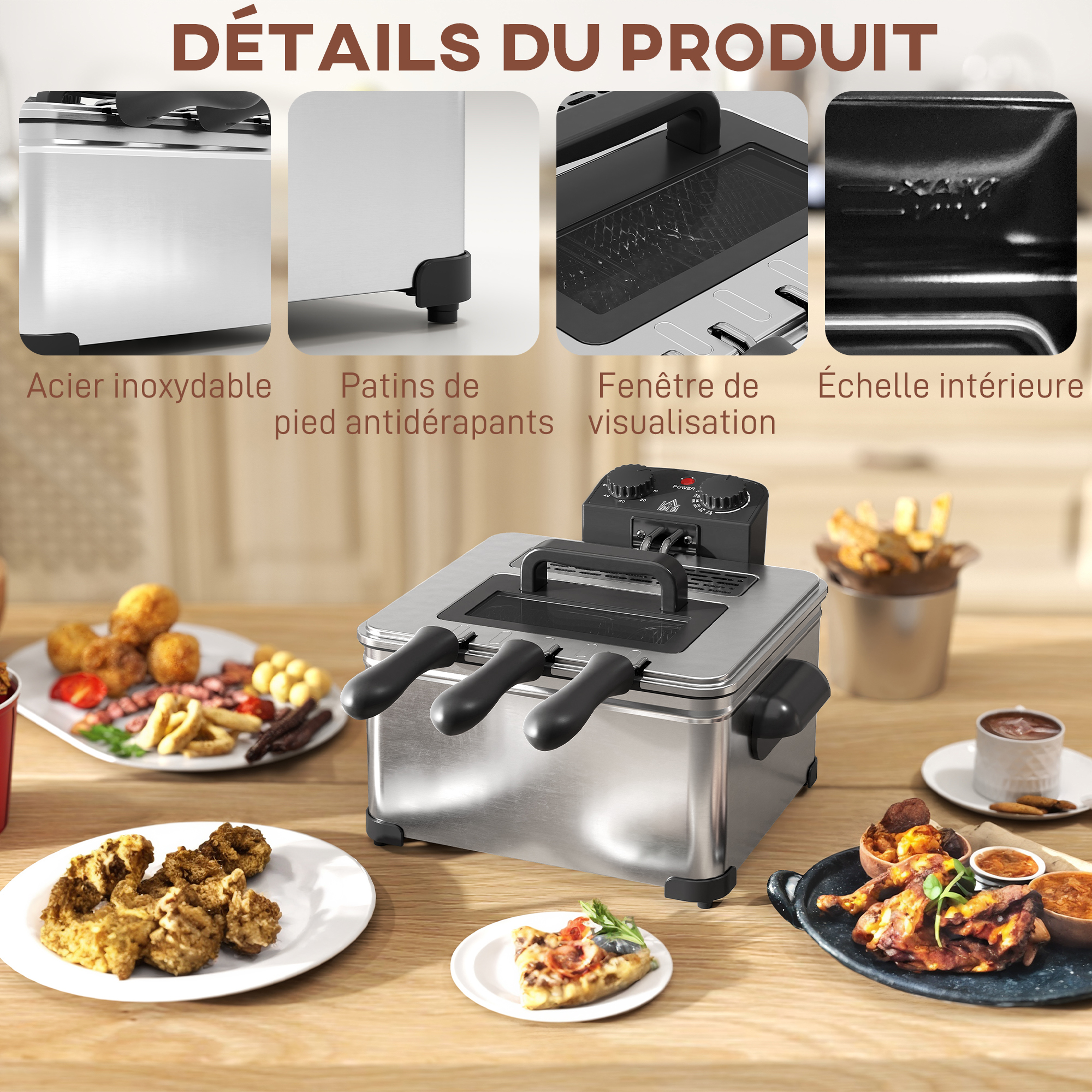 HOMCOM Friteuse à Huile 3L Inox 2000W - Minuterie 60 Min, Panier Amovible, Fenêtre, Argent/Noir