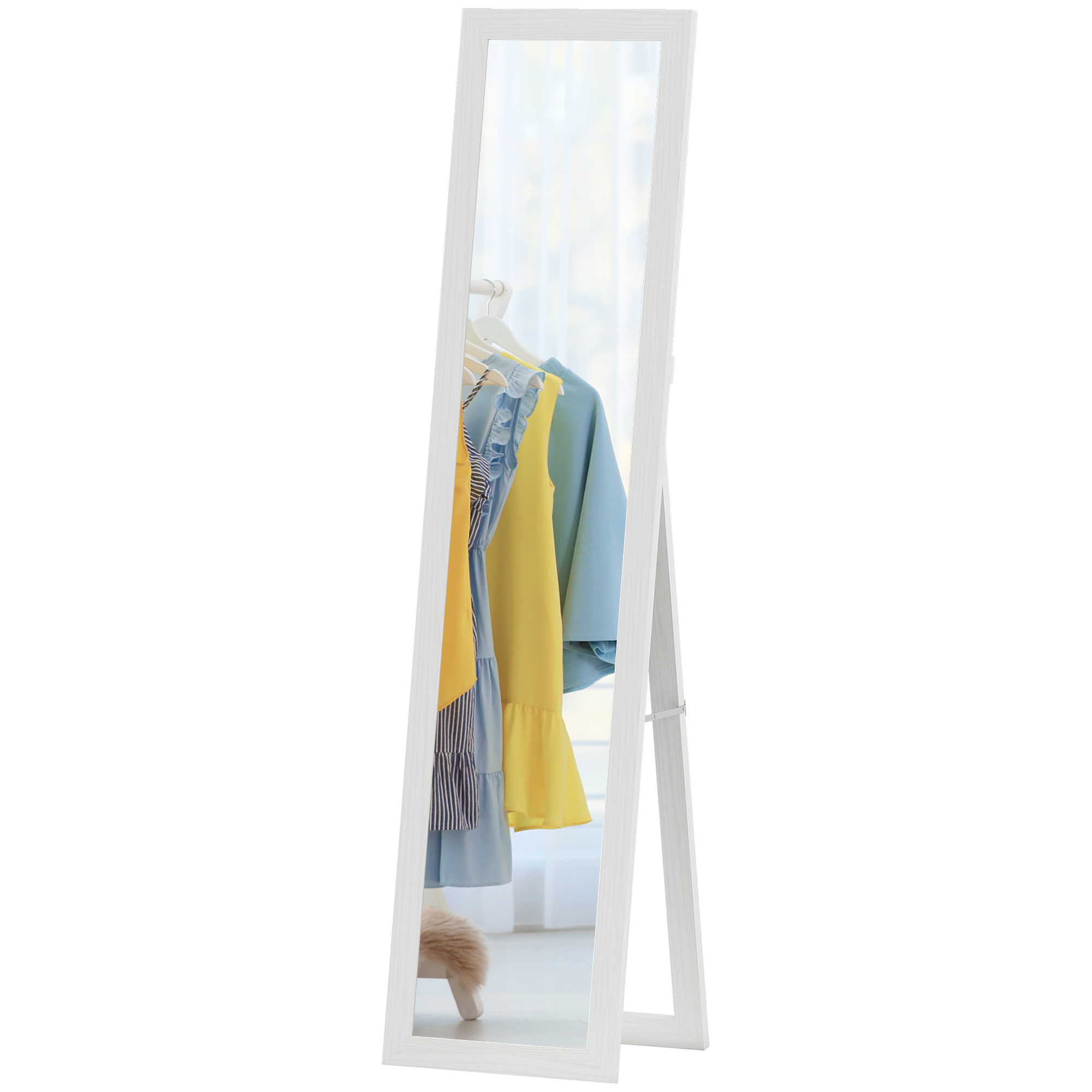 HOMCOM Miroir sur pied mural ou à poser rectangulaire avec cadre en bois pour salon chambre à coucher 37 x 155 cm blanc
