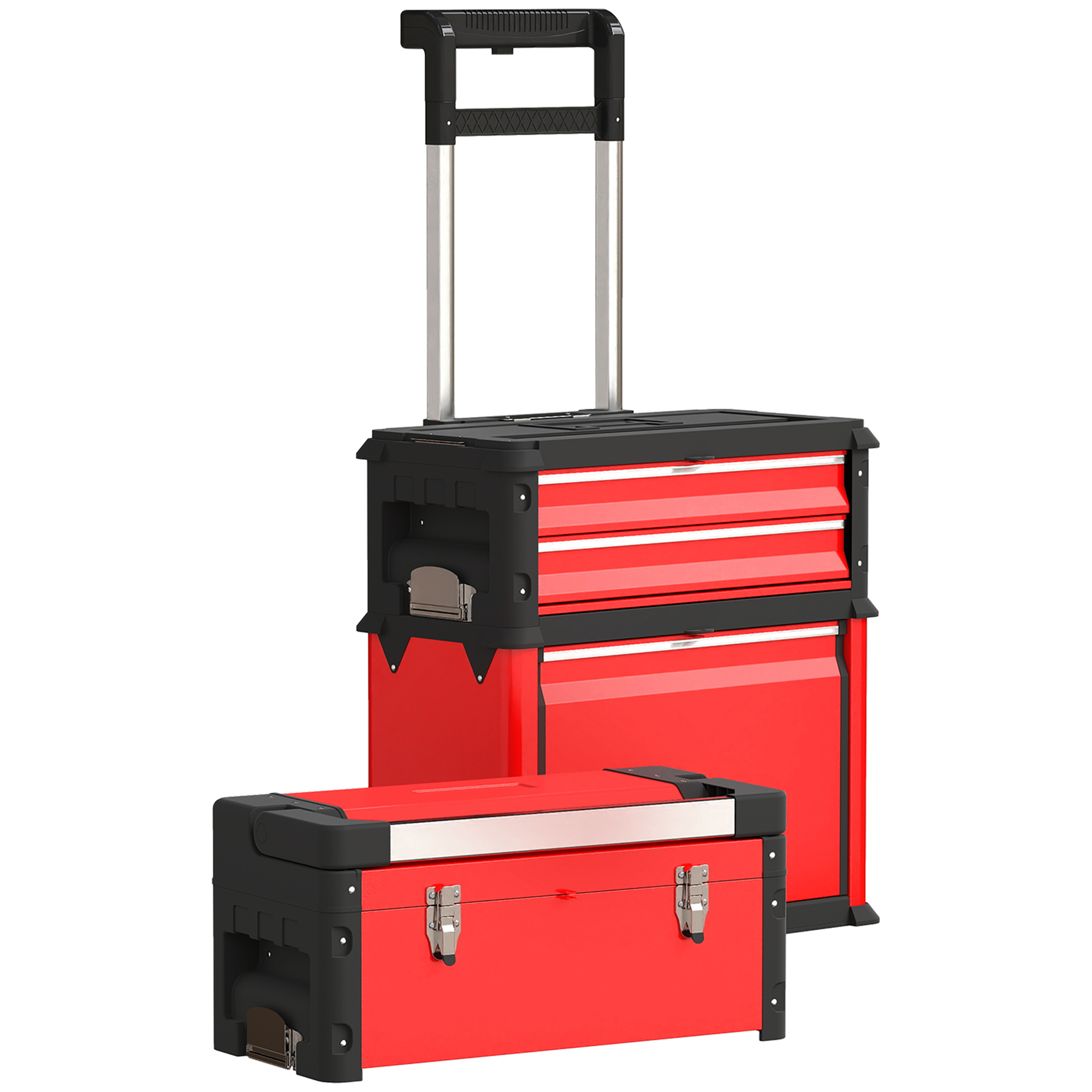 HOMCOM Lot de 3 boîtes à outils sur roulettes empilables et modulaires en acier avec plateau, poignées et serrure, rouge