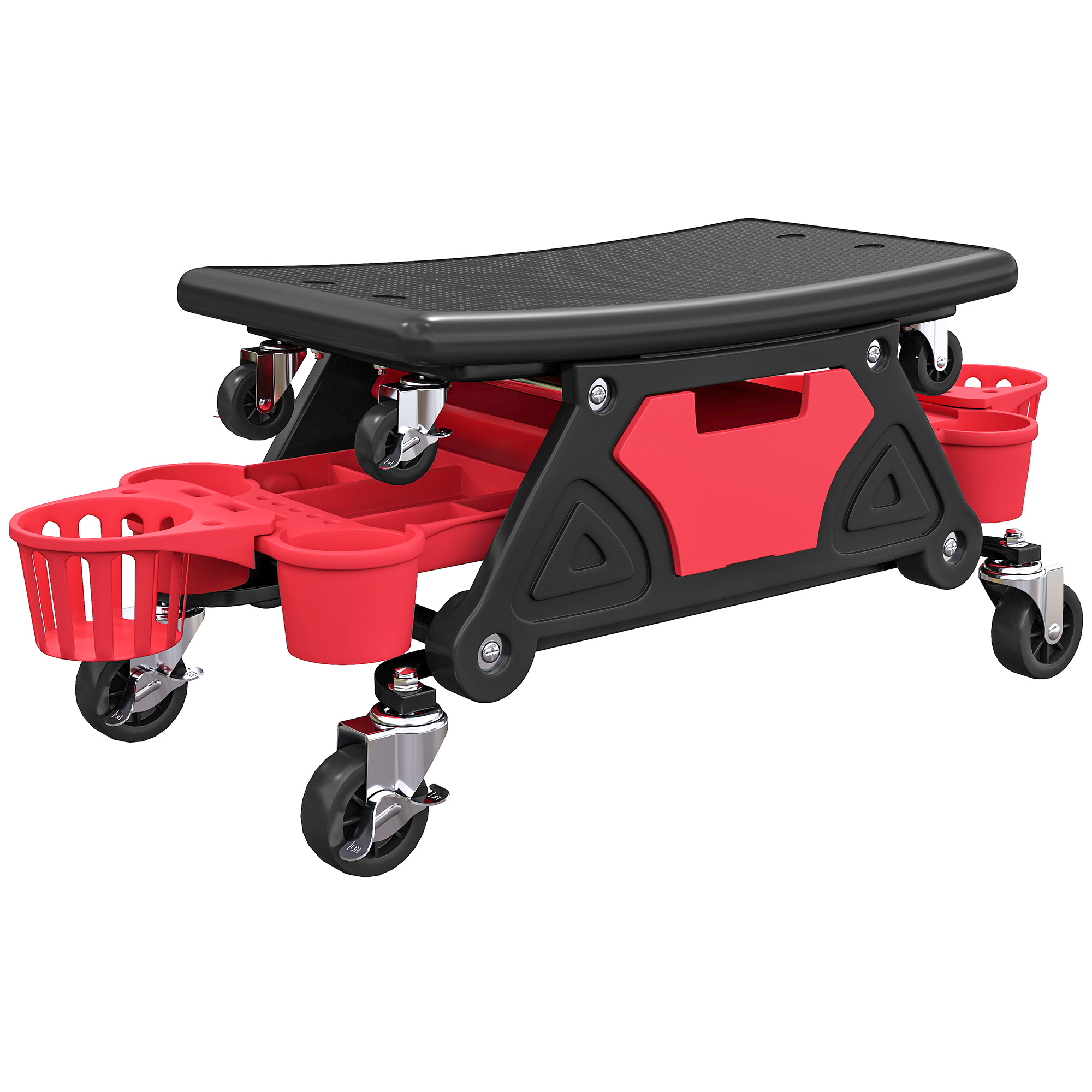HOMCOM Tabouret d'atelier mobile 135 kg, tabouret de mécanicien avec roulettes rotatif à 360° avec plateaux, 86x33x33cm, rouge