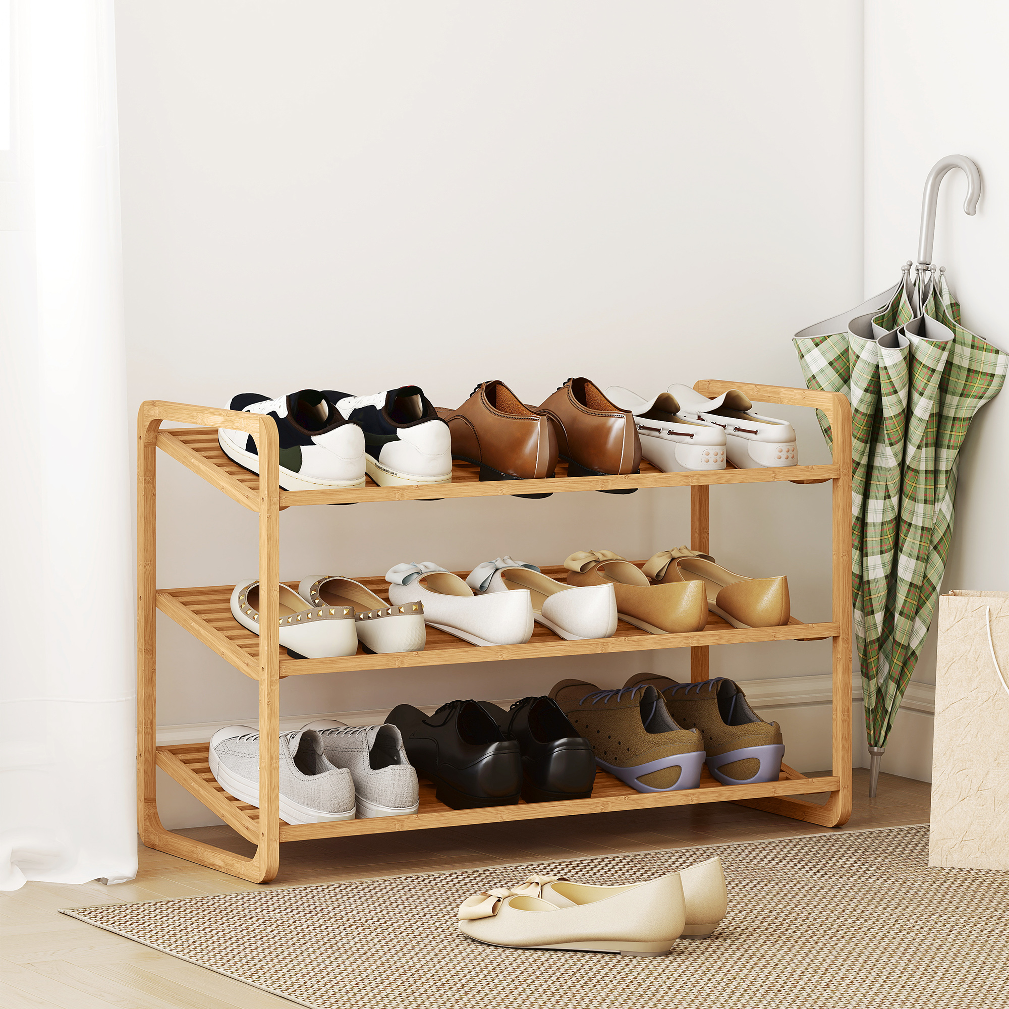 HOMCOM Schuhregal mit 3 Ebenen Schuhaufbewahrung aus Bambus Schuh-Organizer günstig online kaufen