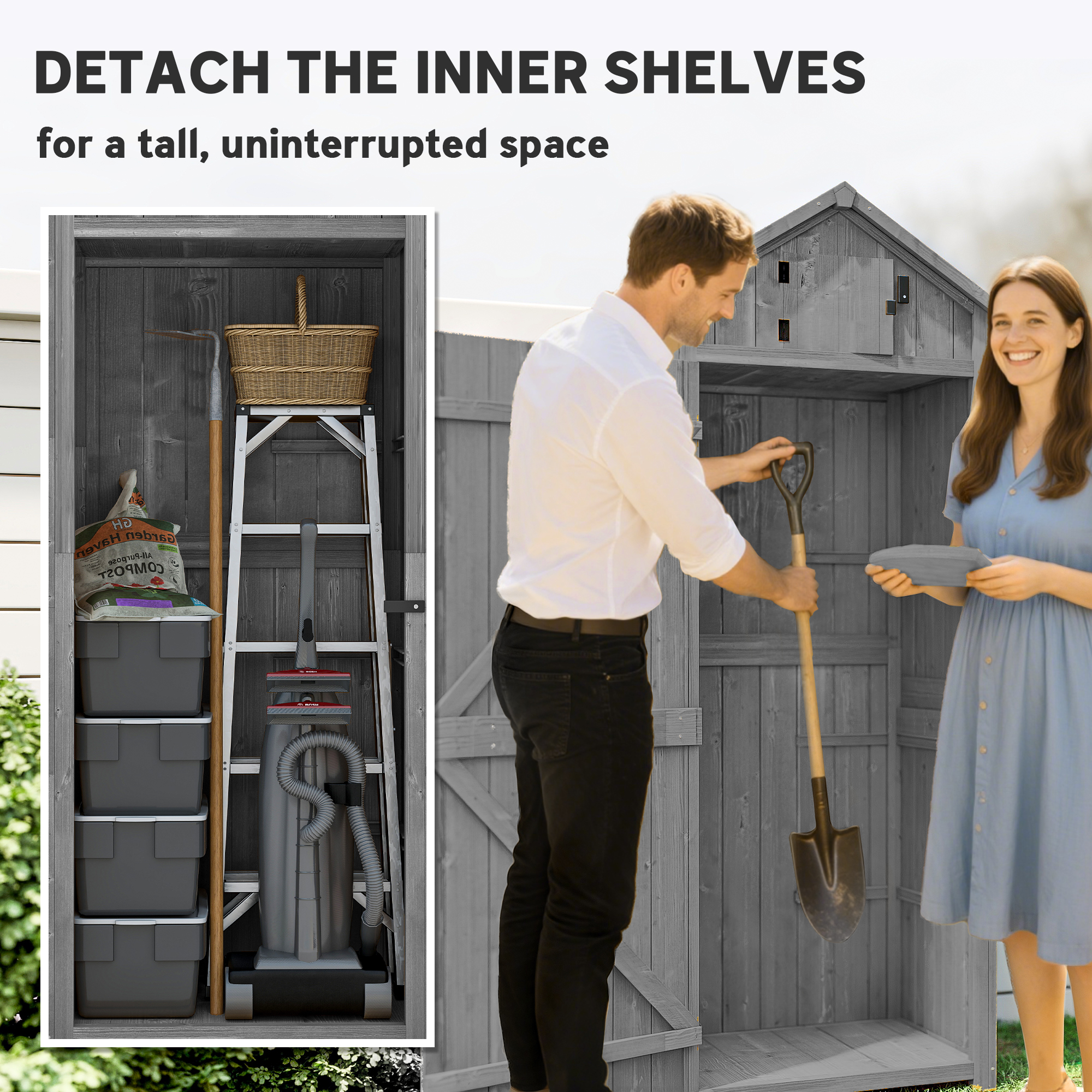 Outsunny Wooden Garden Shed, Utility Outdoor Small Shed with Lockable Double Doors, Shelves and Roof Hatch, Grey 5