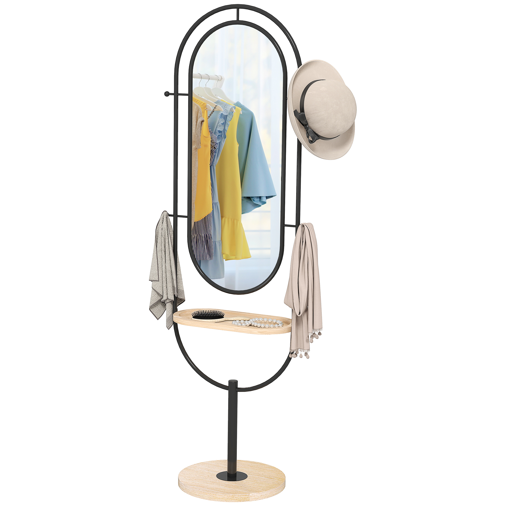HOMCOM Miroir sur pied ovale avec plateau en bois, 4 crochets et cadre en métal, 50 x 40 x 175,5 cm, noir