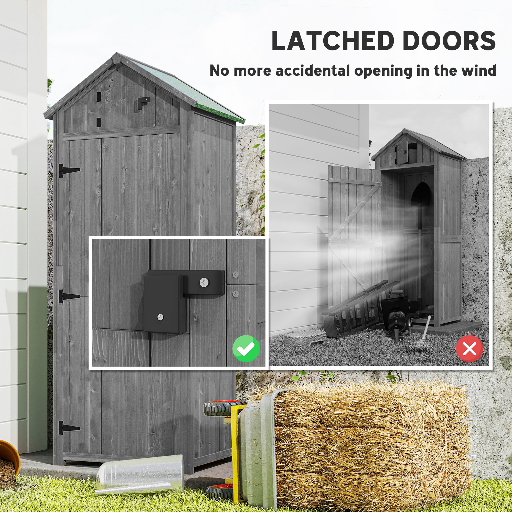 Outsunny Wooden Garden Shed, Utility Outdoor Small Shed with Lockable Double Doors, Shelves and Roof Hatch, Grey 7
