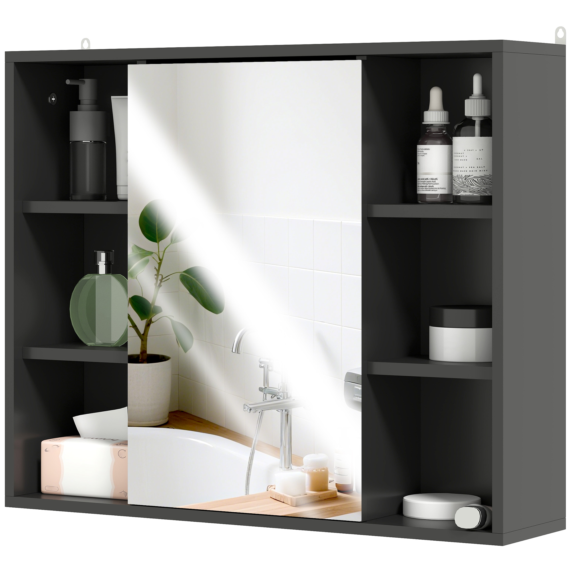 HOMCOM Meuble salle de bain avec miroir, placard à portes et 6 compartiments ouverts, 60 x 14,5 x 49,4 cm, noir