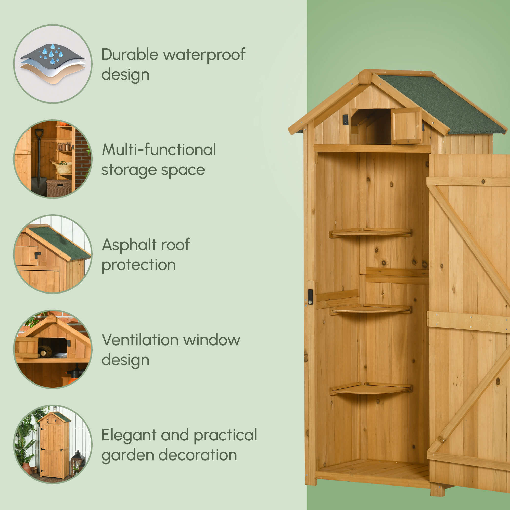 Outsunny Garden Shed Wood Outdoor Garden Tool Storage Unit with 3 Detachable Shelves, 77 x 54.2 x 179cm,  Brown 9