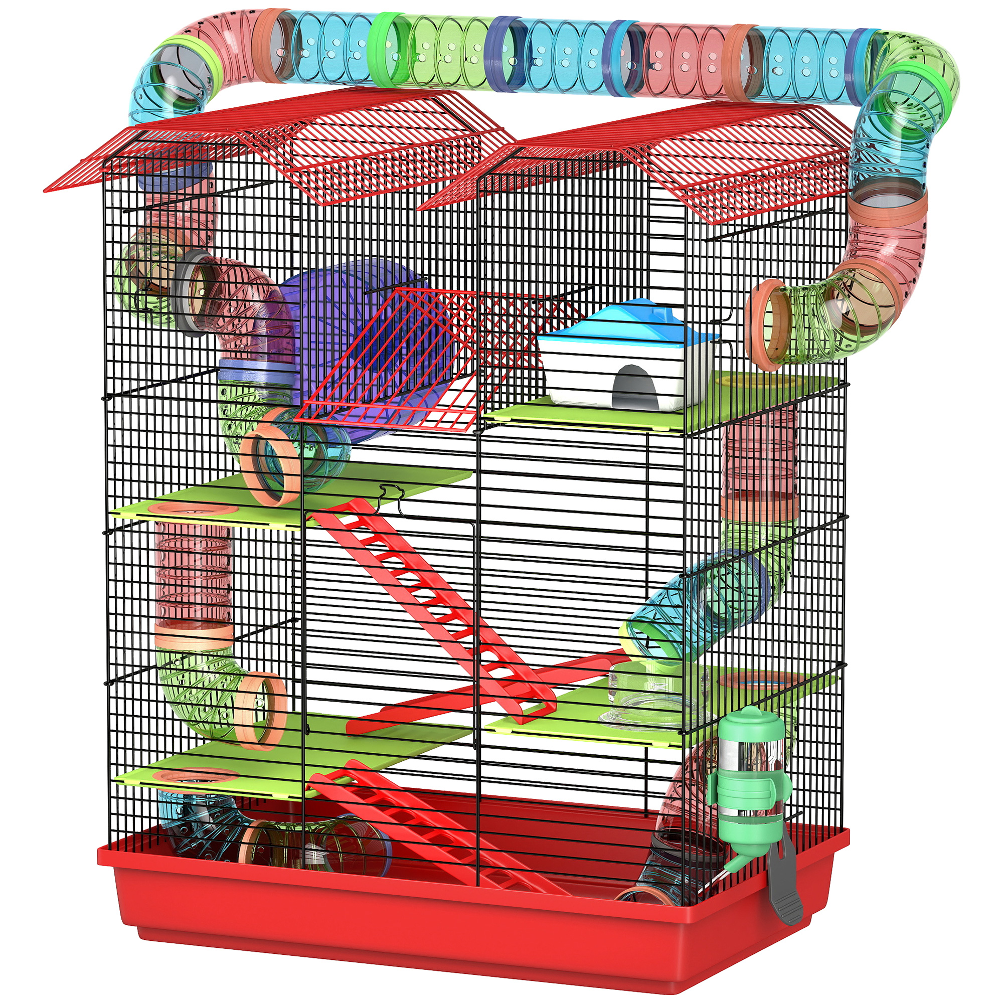 Meilleurs prix pour PawHut Cage pour hamster souris petit animaux rongeur avec tunnel mangeoire roue jouet 47 x 30 x 59 cm rouge