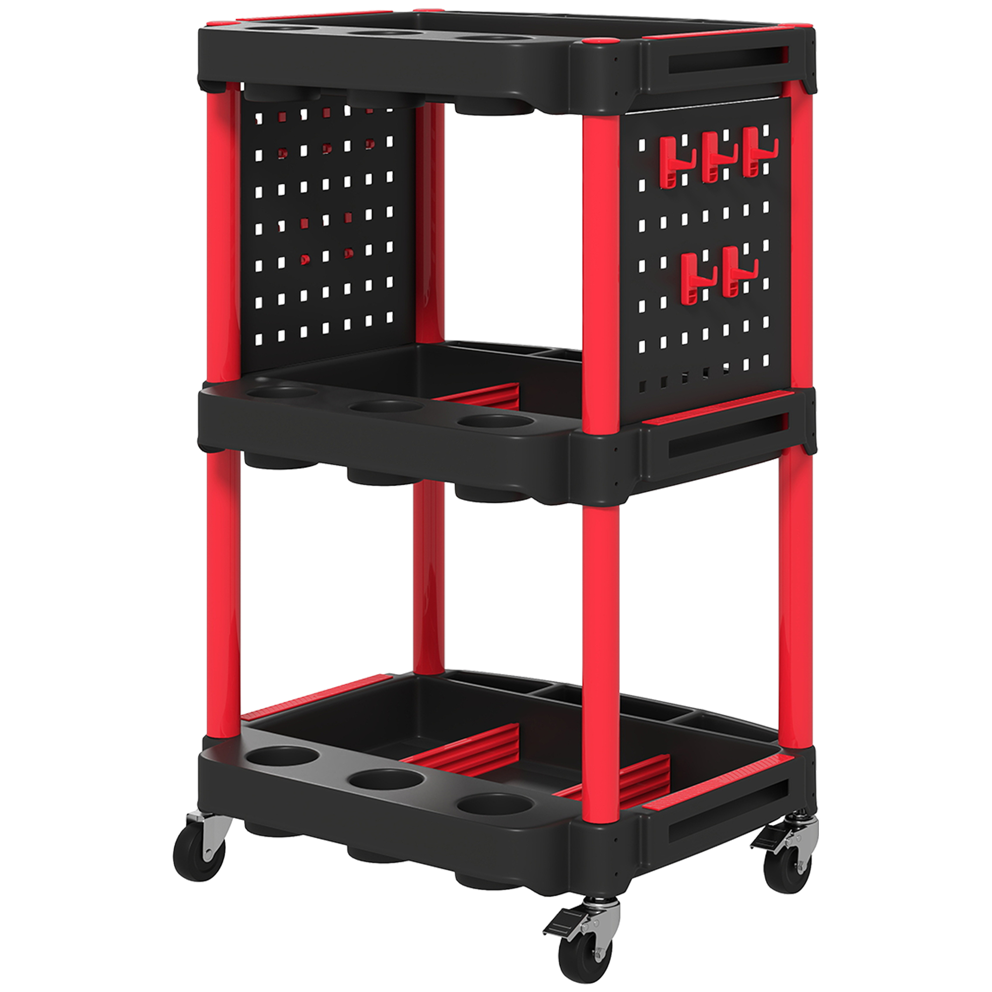 HOMCOM Chariot d'atelier servante atelier à 3 niveaux pour garage, entrepôt, outils de bricolage, charge 91 Kg, noir et rouge