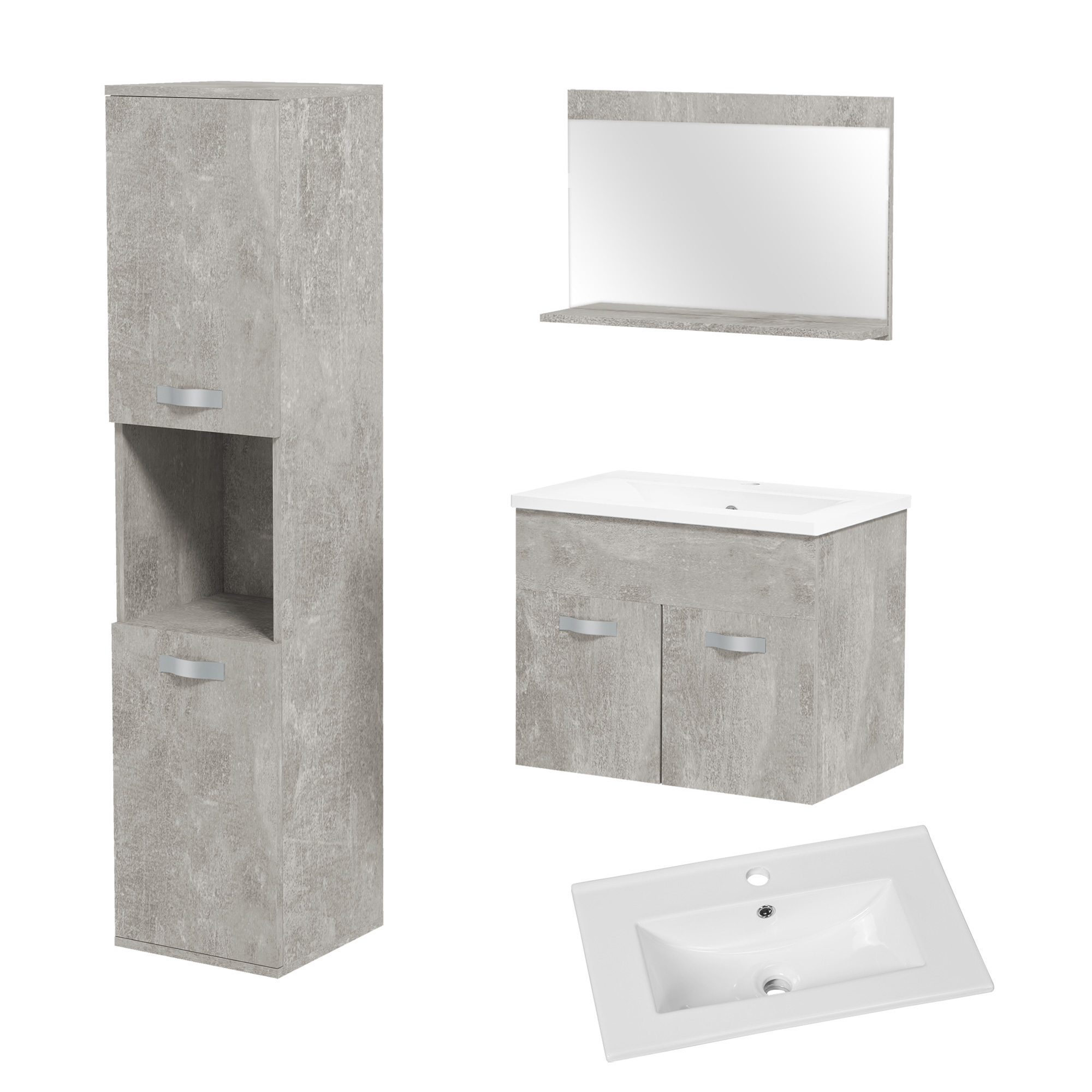 Kleankin Conjunto Mueble Baño Diseño Moderno Almacenamiento Grises Madera 3 Piezas Espejo Armario Lavabo Cerámico Columna Auxiliar | Aosom España