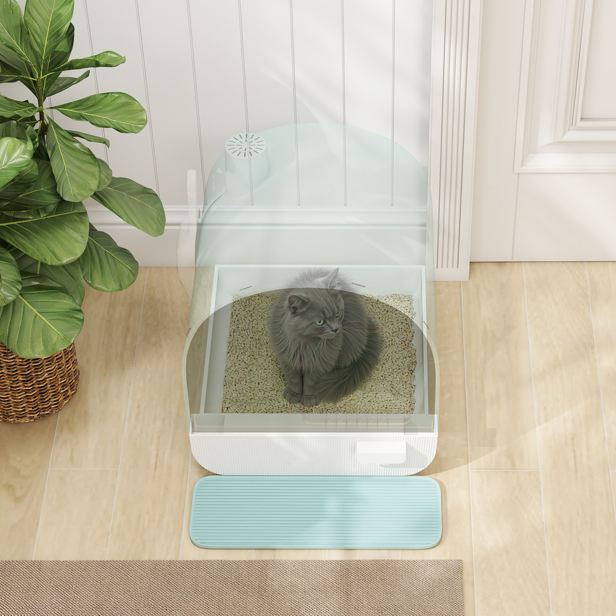 PawHut Hooded Cat Litter Box, Kitten Litter Tray, with Lid, Scoop, Filter, Flap Door 8