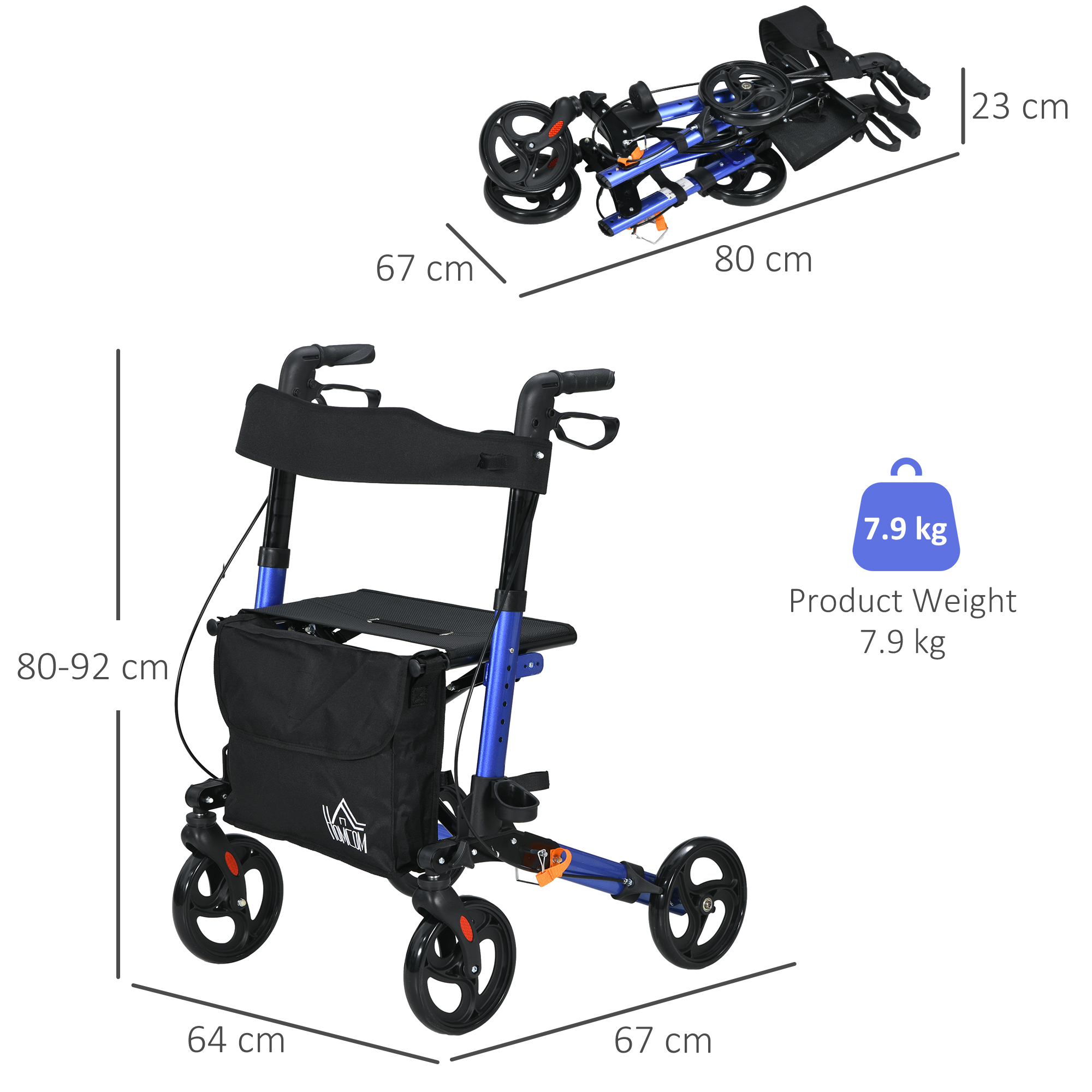 HOMCOM 4 Wheel Rollator with Seat and Back, Folding Mobility Walker with Carry Bag, Adjustable Height, Dual Brakes, Cane Holder, Lightweight Aluminium Walking Frame for Seniors and Disabled, Blue 3