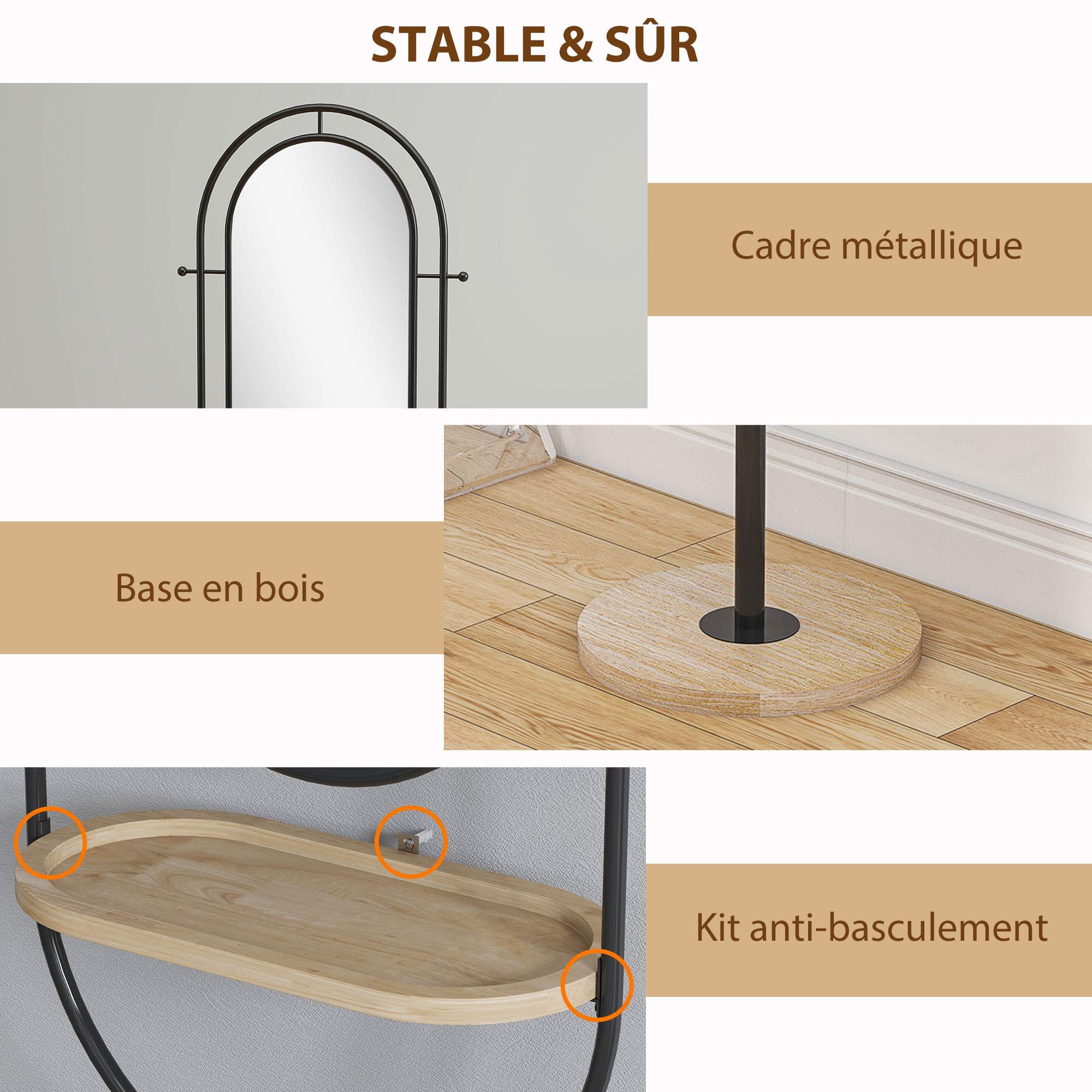 Miroir Sur Pied Ovale HOMCOM – 175,5 Cm De Hauteur – Avec Plateau En Bois Et Crochets – Cadre Métal Noir – Pour Chambre, Dressing