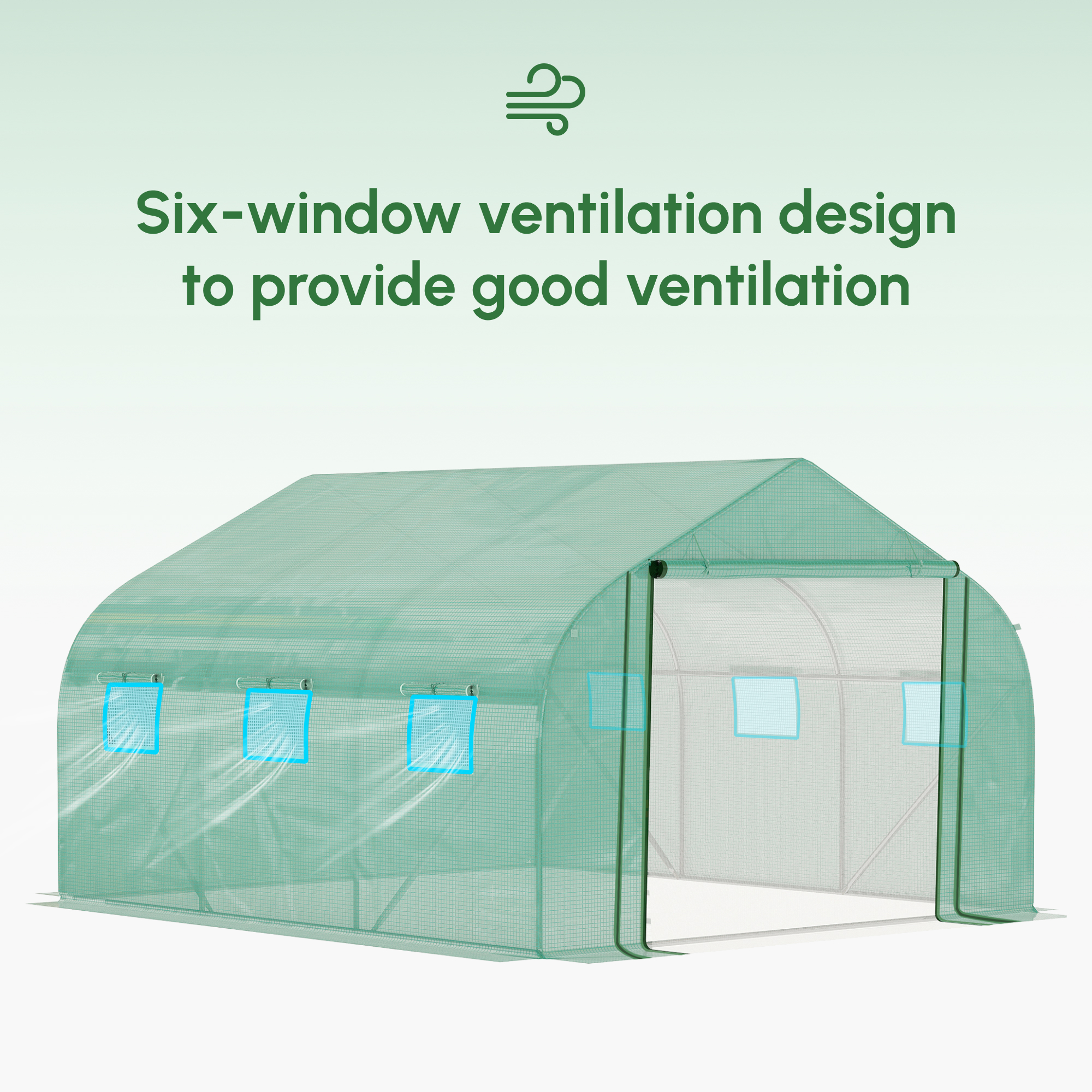Outsunny Walk-in Polytunnel Garden Greenhouse, Outdoor Mesh Door Greenhouse with PE Cover and 6 Windows, 3.5 x 3 x 2m, Green 9
