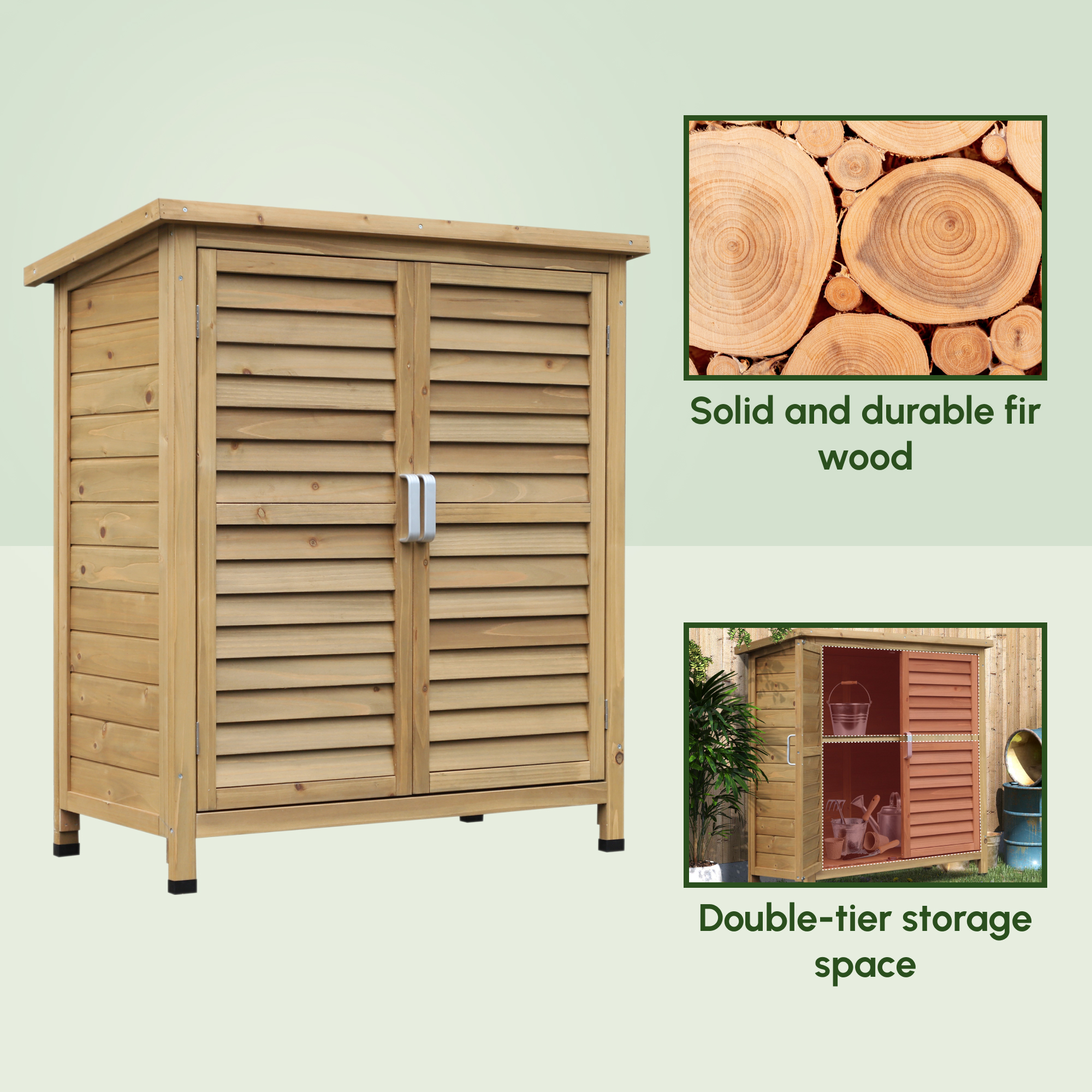 Outsunny Garden Shed Wooden Garden Storage Shed 2 Door Unit Solid Fir Wood Garage Tool Organisation Cabinet, 87L x 46.5W x 96.5Hcm, Natural 8