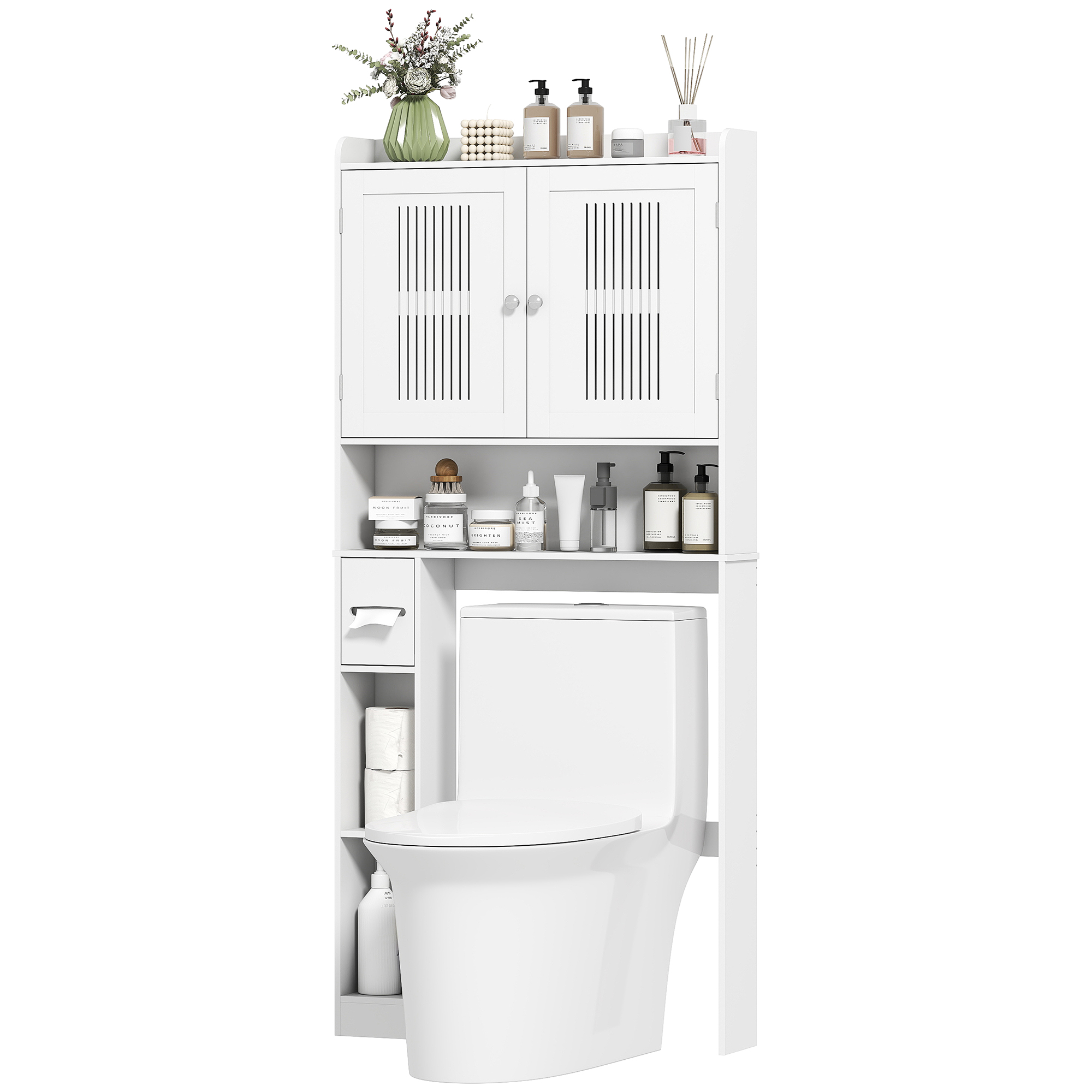 HOMCOM Toilettenregal Über Toilettenregal mit Verstellbarem Regal 2 Türen Toilettenpapierhalter und Offene Regale Platzsparender Waschmaschinenschrank für Badezimmer Weiß Aosom