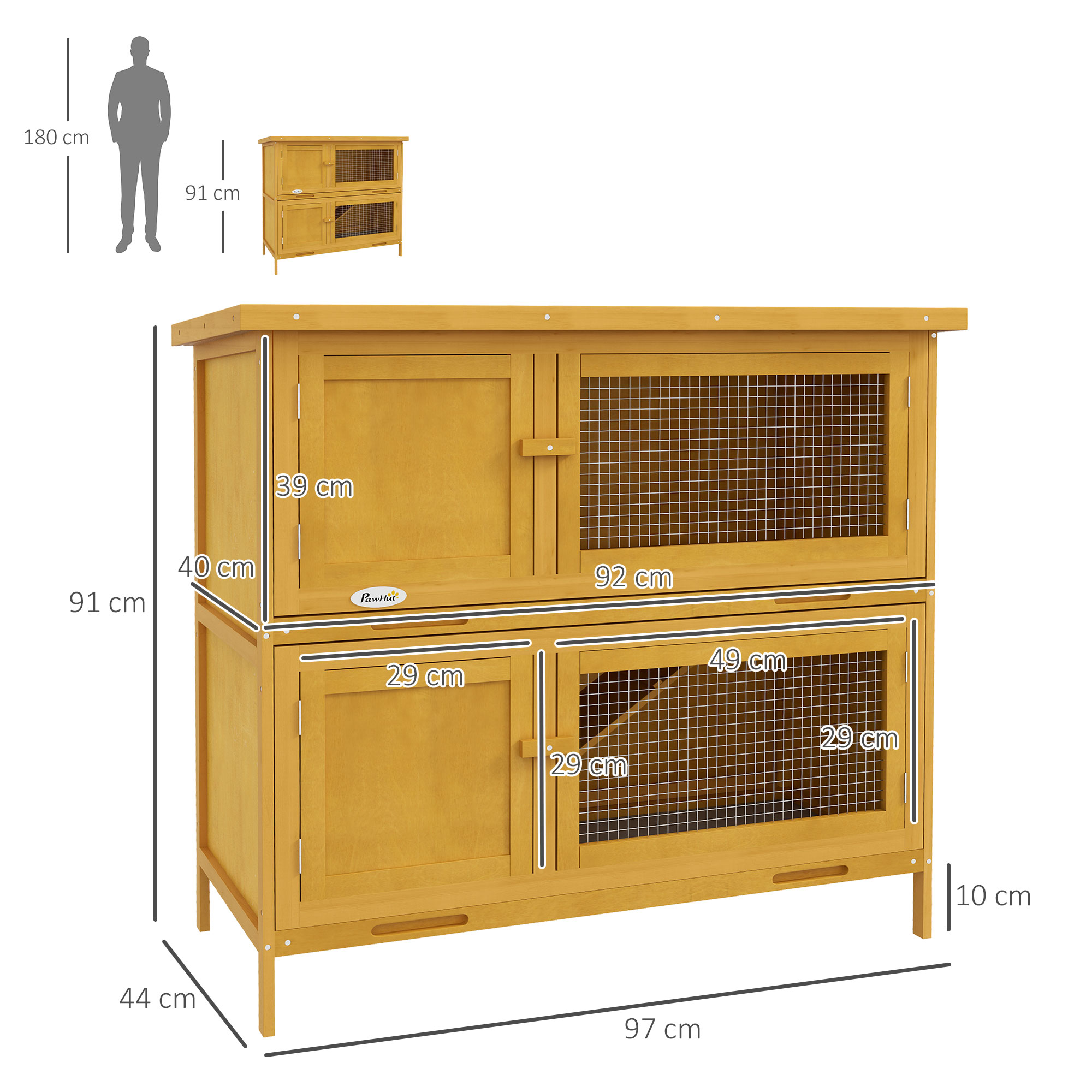 PawHut Double Decker Rabbit Hutch 2 Tier Guinea Pig House Pet Cage Outdoor with Sliding-out Tray, 97 x 44 x 91cm, Yellow 3