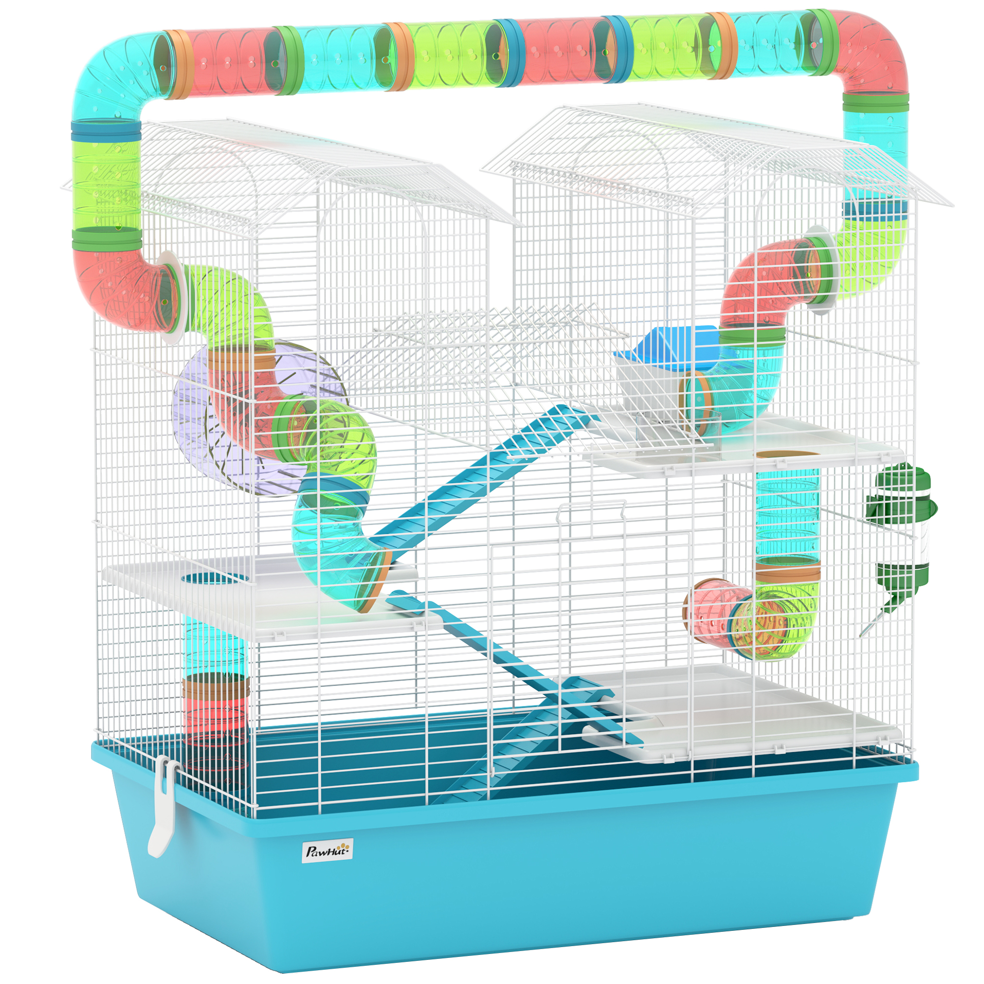 PawHut 6 Tier Hamster Cage, Small Animal Cage with Tubes, Exercise Wheel, Ramps, Hut, Food Dish, Water Bottle, Light Blue