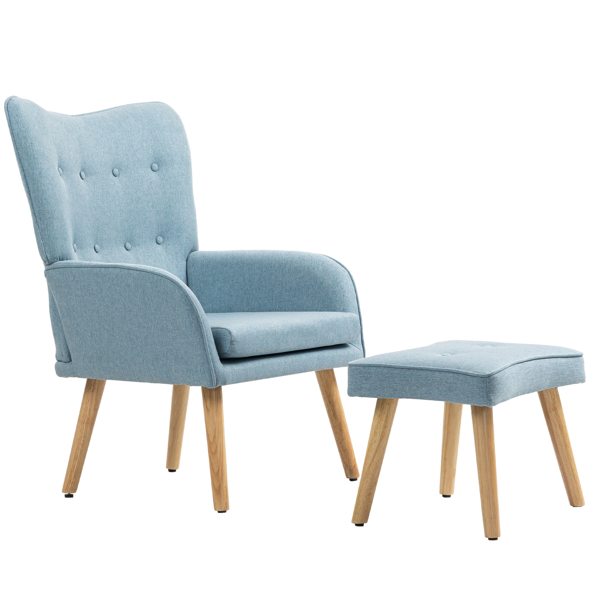 HOMCOM Fauteuil avec Repose-pieds Fauteuil Lecture avec Dossier Haut Capitoné Pieds en Bois et Revêtement en Lin Bleu Clair
