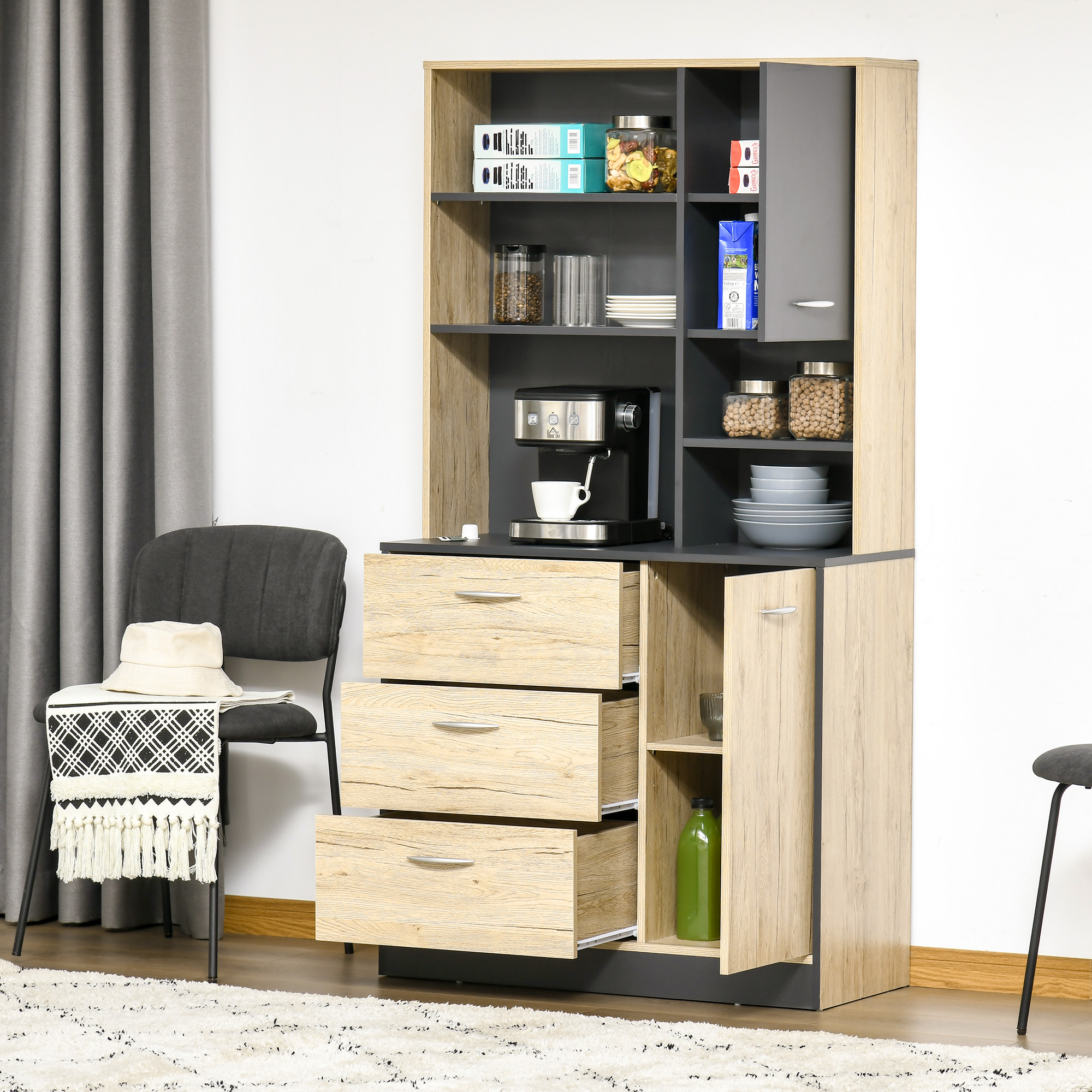 HOMCOM Buffet de cuisine bicolore chêne clair gris, armoire de rangement 2 portes 3 tiroirs 3 étagères + grand plateau, meuble de cuisine multi-rangements 90L x 39l x 169H cm, design moderne et pratiq HOMCOM Buffet de cuisine bicolore chêne clair gris, armoire de rangement 2 portes 3 tiroirs 3 étagères + grand plateau, meuble de cuisine multi-rangements 90L x 39l x 169H cm, design moderne et pratiq