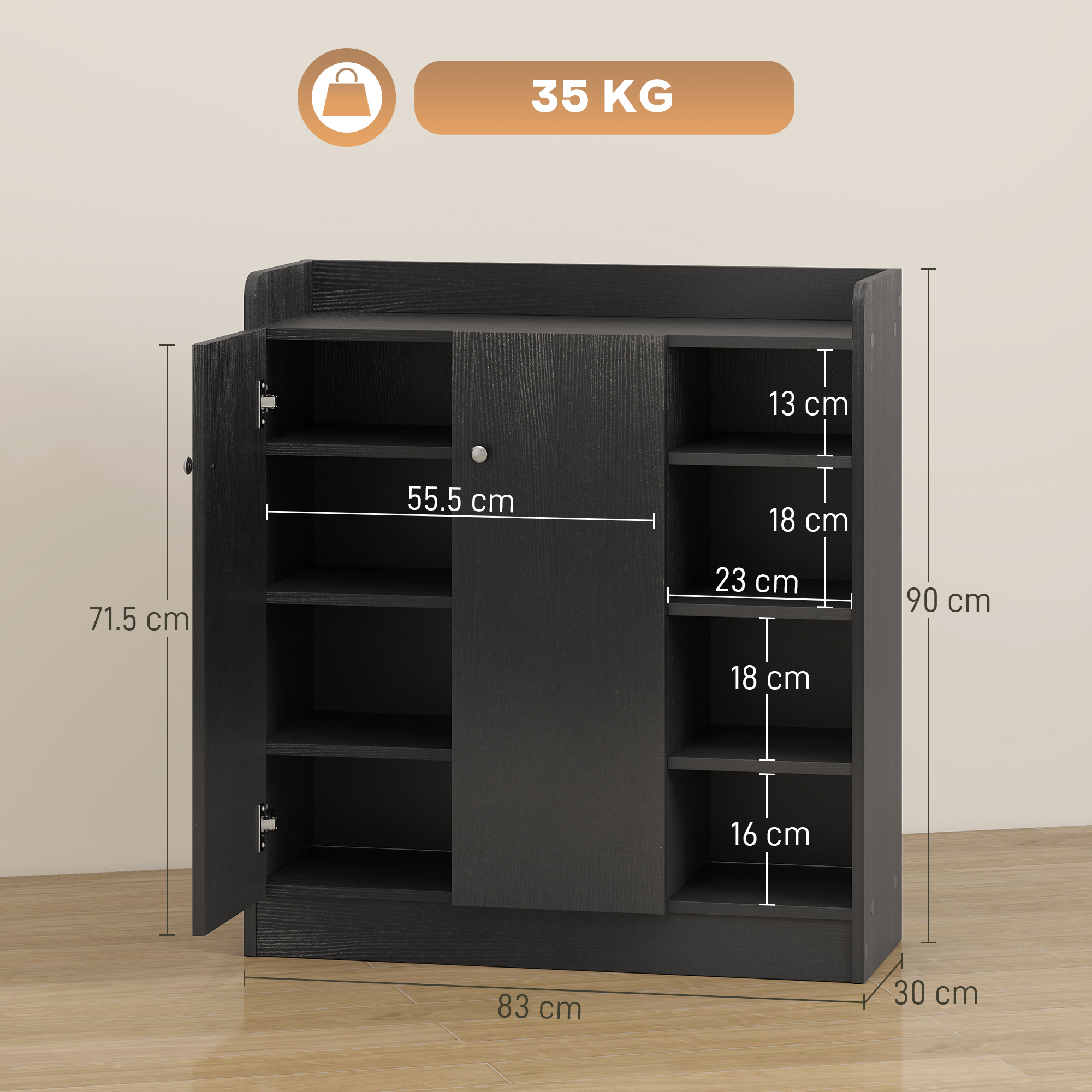 HOMCOM Shoe Storage Cabinet with Adjustable Shelves Black 3