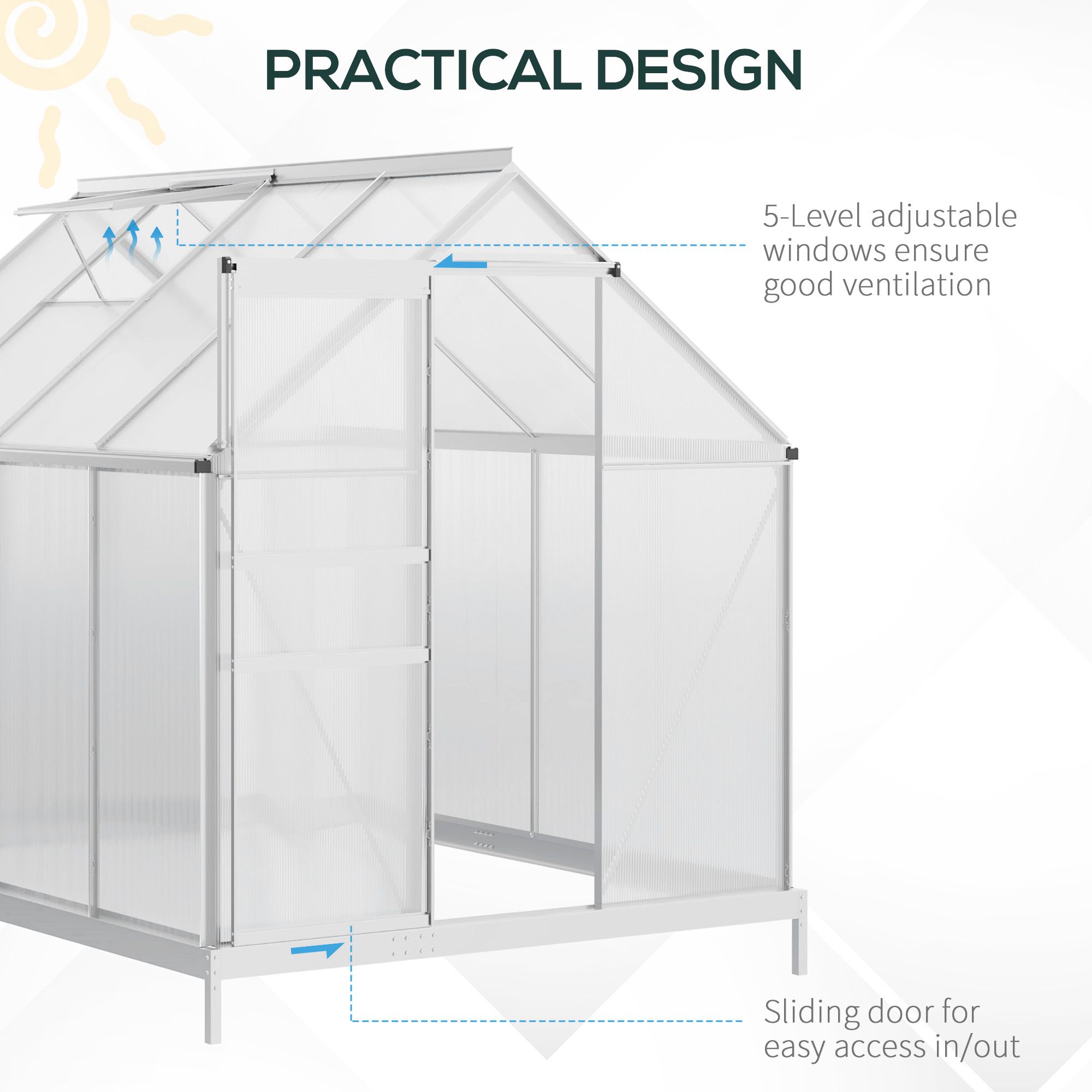 Outsunny 190 x 253 cm Walk-In Polycarbonate Greenhouse Silver-Tone 6
